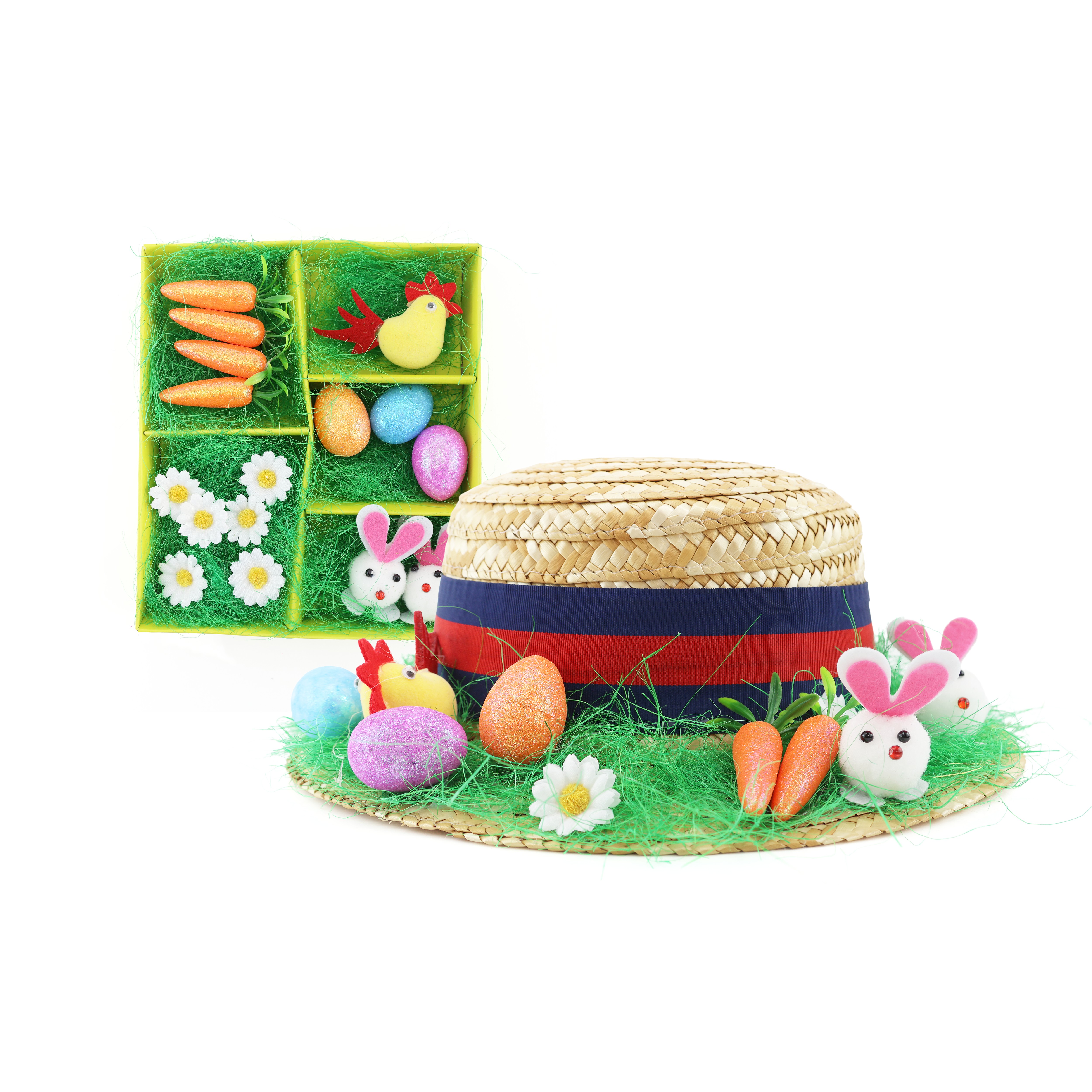 Kids DIY Easter Bonnet Kit | Child Straw Boater Hat with Blue & Red Ribbon & 16 Piece Decoration Set