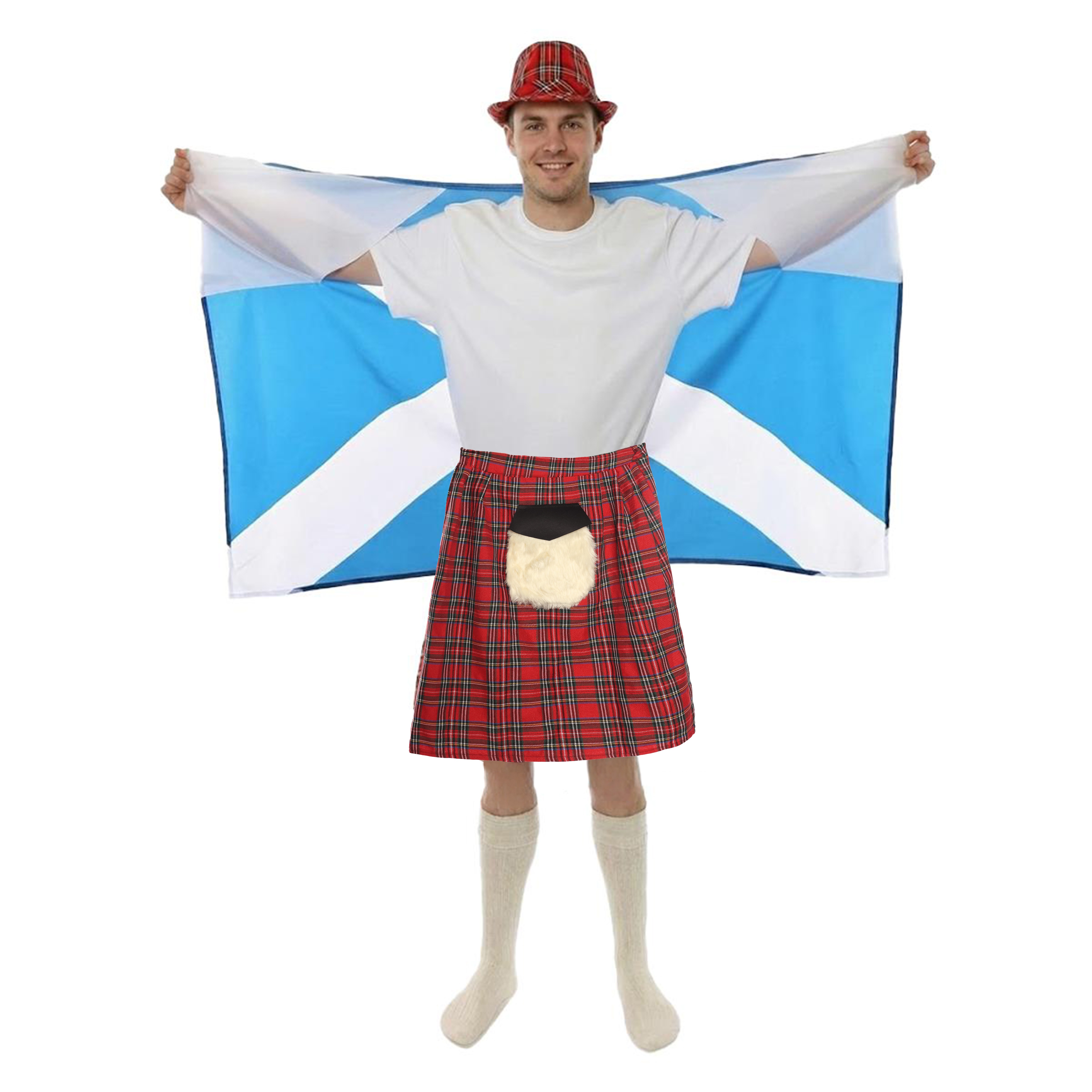 Adults Scottish Costume Set | 4 Pcs | Kilt, Hat , Flag Cape & Socks