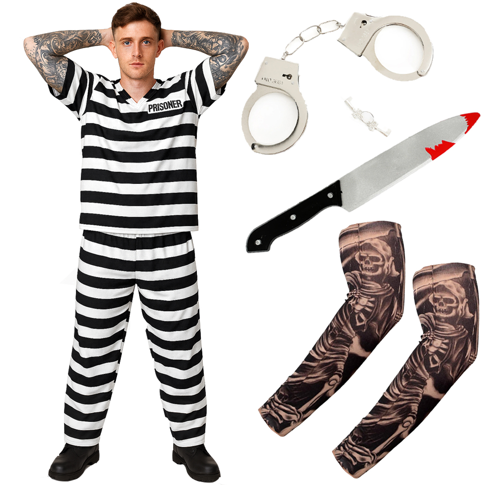 Adults Striped Prisoner Costume | 4 Pcs | Costume, Handcuffs, Tattoo Sleeves & Knife