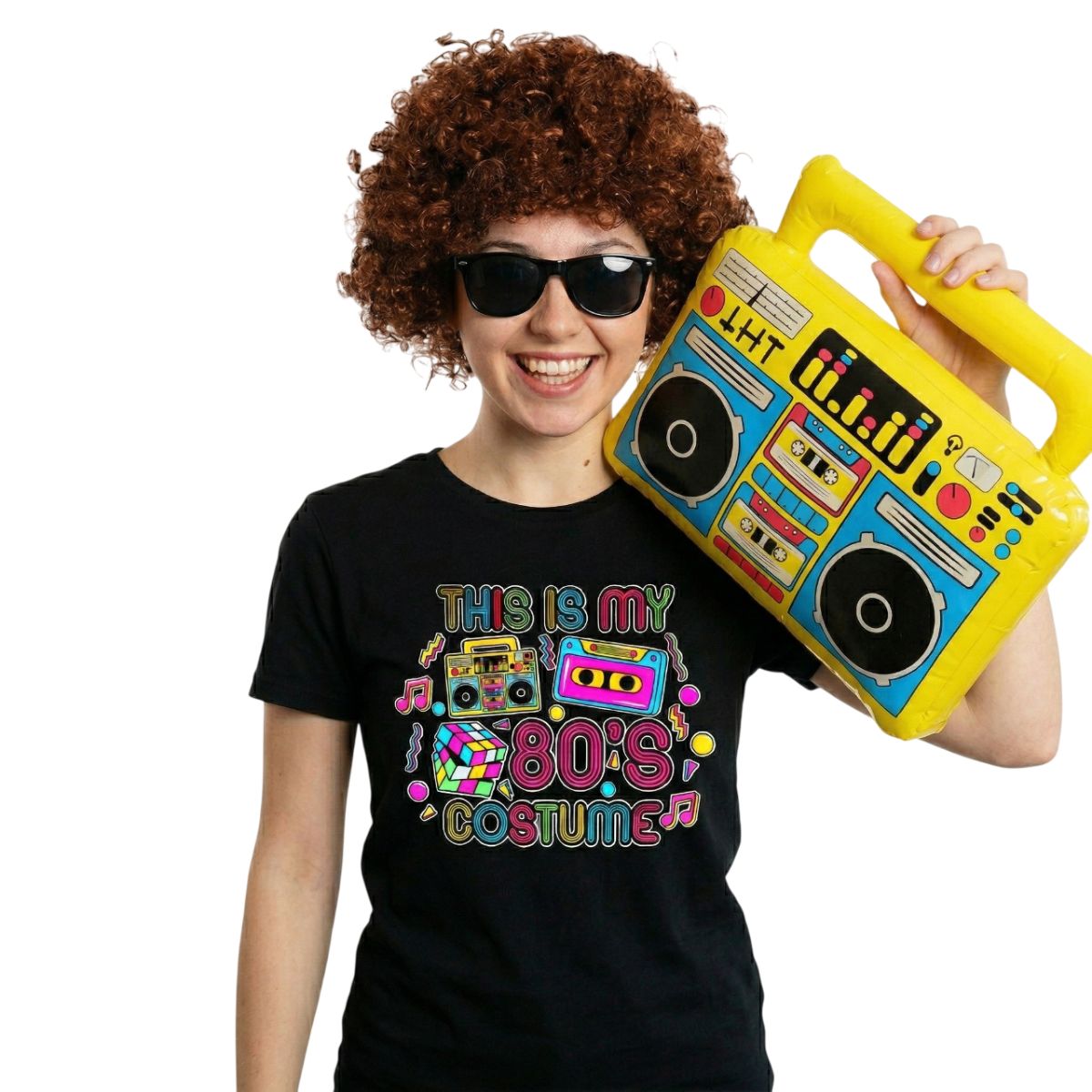 Adults 80’s Costume | 4 Pcs | Black T-Shirt, Glasses, Inflatable Boombox & Brown Afro Wig