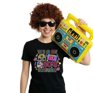 Adults 80’s Costume | 4 Pcs | Black T-Shirt, Glasses, Inflatable Boombox & Brown Afro Wig