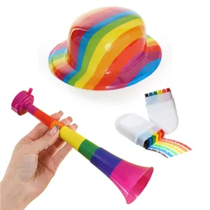 Rainbow Pride Plastic Bowler Hat, Vuvuzela and Facepaint Set