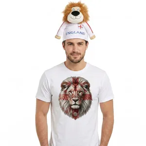 Adults England St George Flag Lion Face T-Shirt & Lion Hat Set | White Patriotic Football Fan Shirt | Red Cross Realistic Graphic Supporter Top
