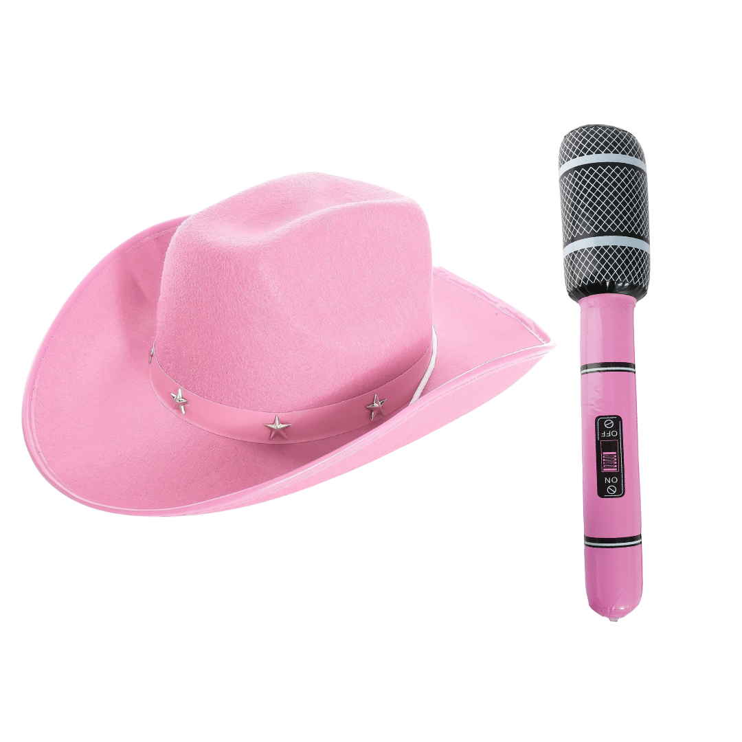 Pink Star Studded Cowboy Hat & Inflatable Microphone
