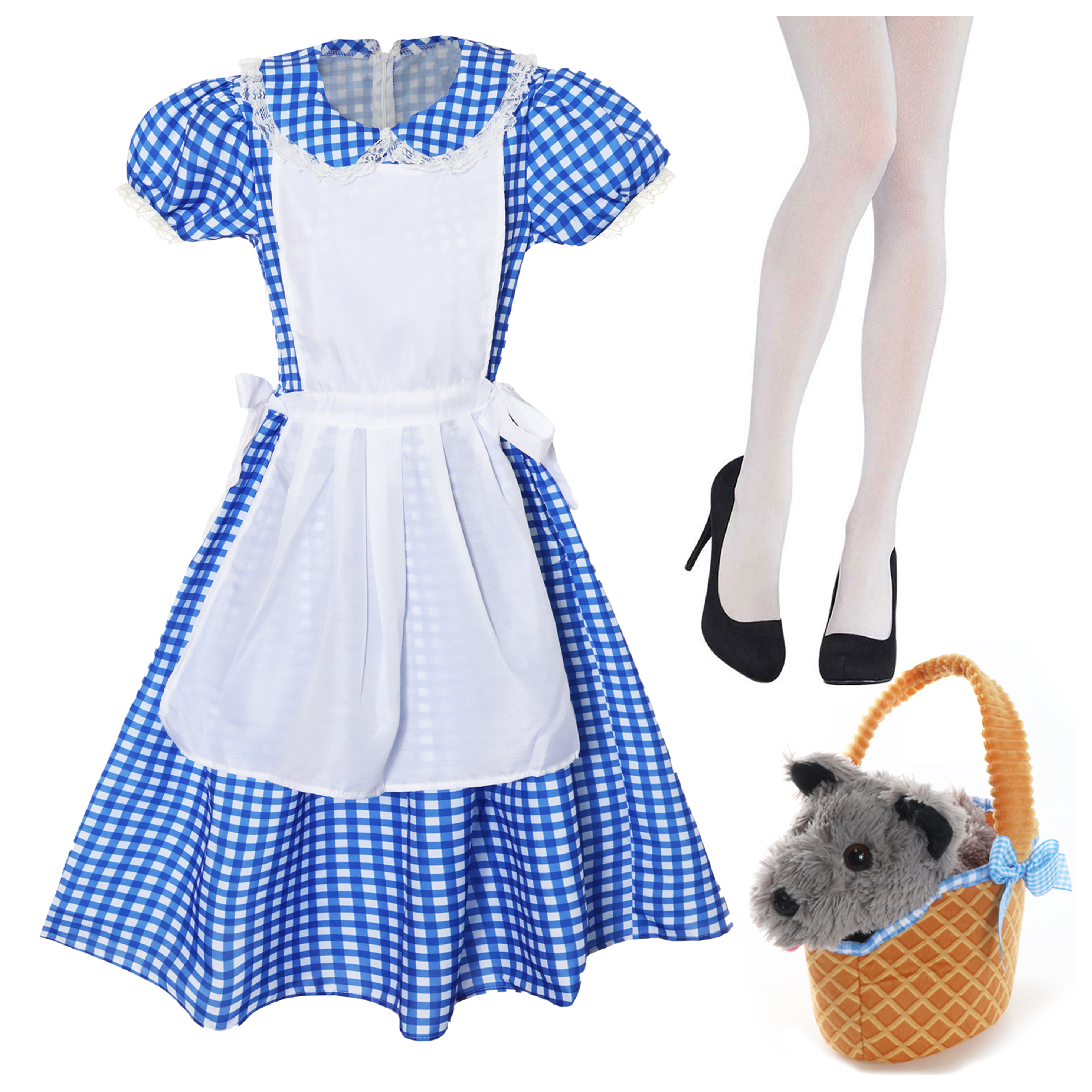 Ladies Kansas Girl Costume with Tights & Dog in Basket