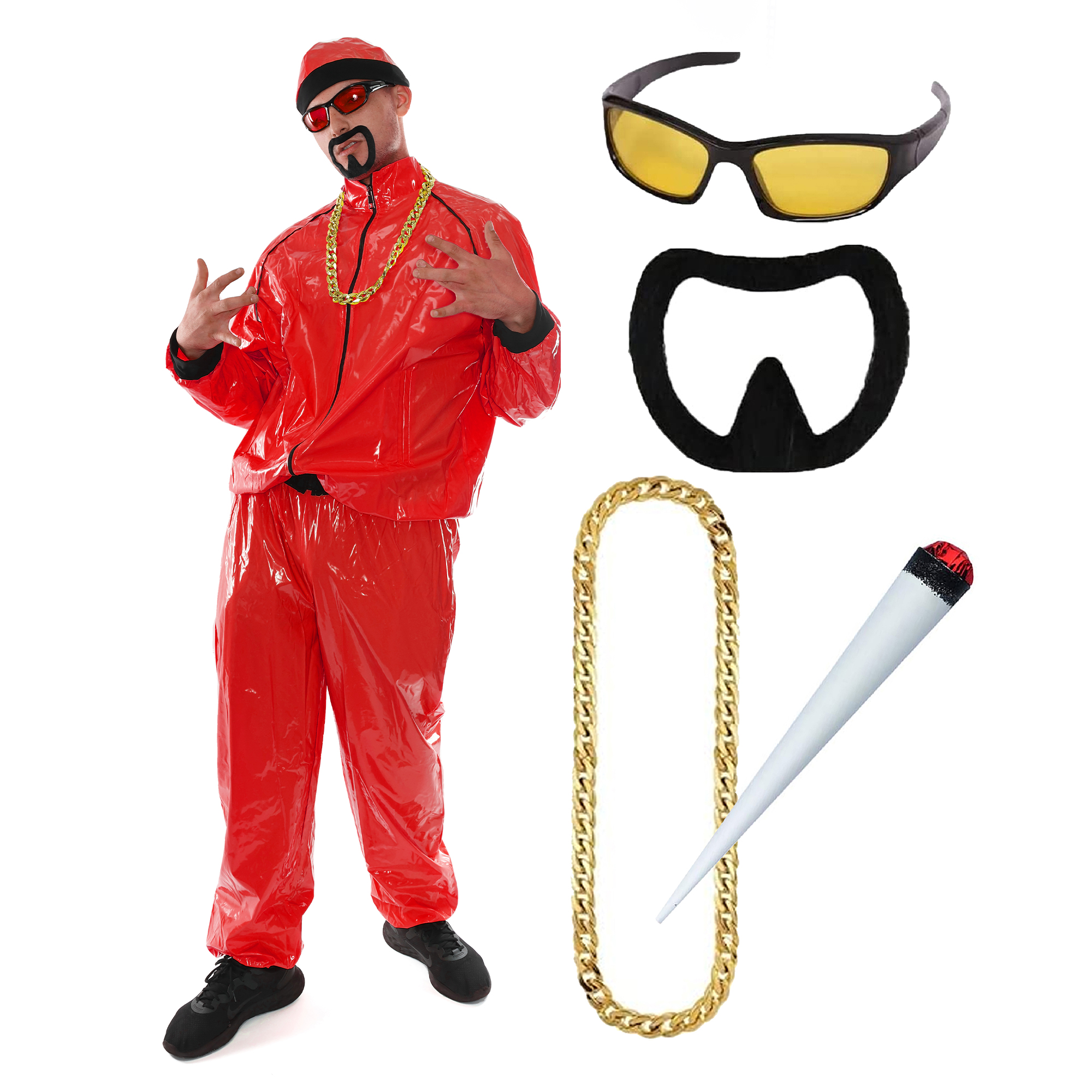 Adults Red Funny 90's Rapper Costume - Red Hat, Glasses, Goatee, Gold Chain & Spliff