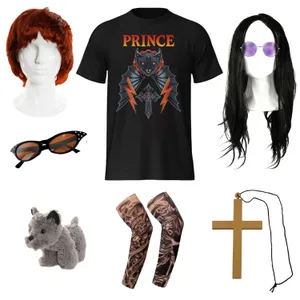 Osbourne Couple Costume Set | 9 Pcs | T-Shirt, Tattoo Sleeves, Wigs, Glasses, Necklace & Toy Dog