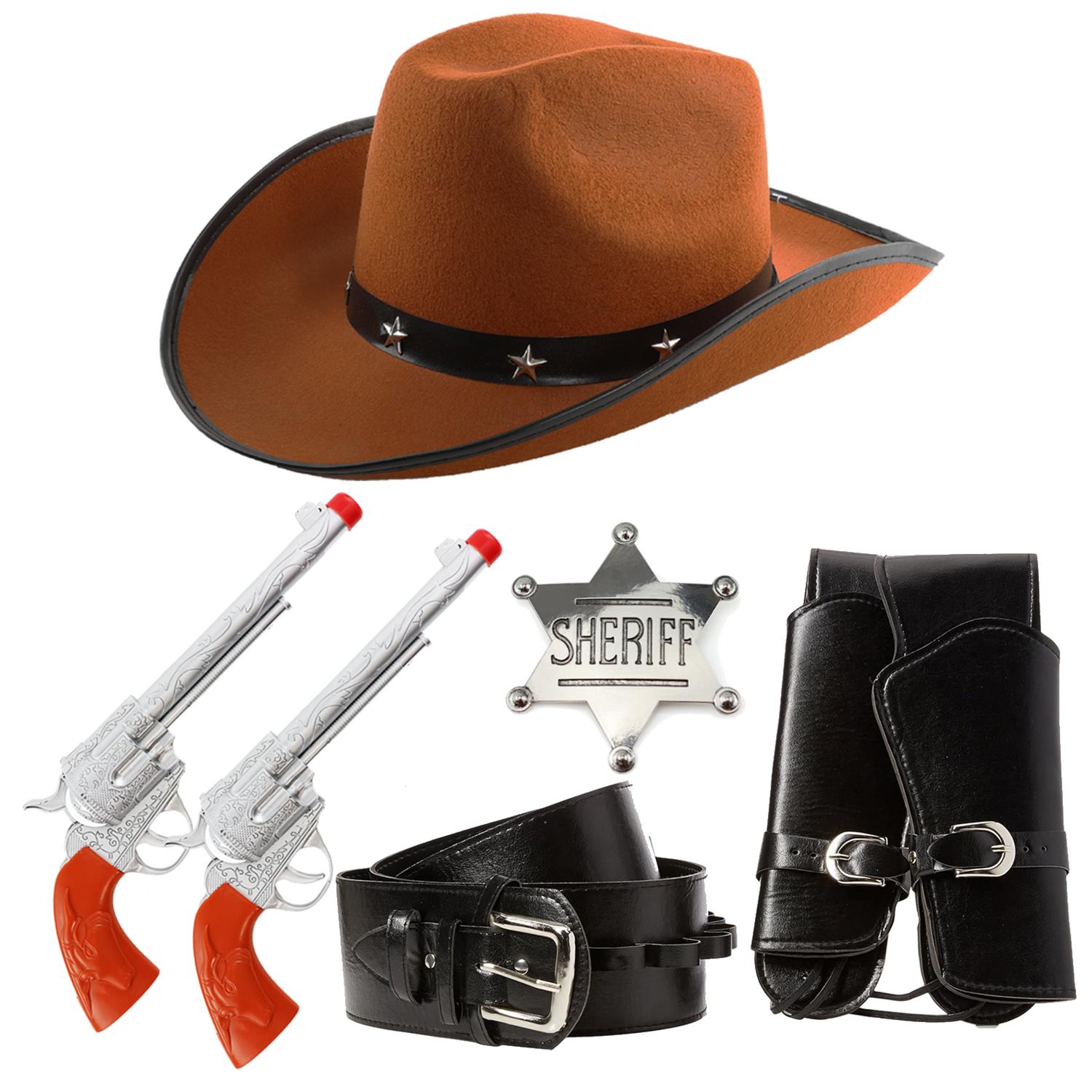 Adults Cowboy Accessory Set | 4 Pcs | Brown Studded Hat, Plastic Pistols, Badge & Holster