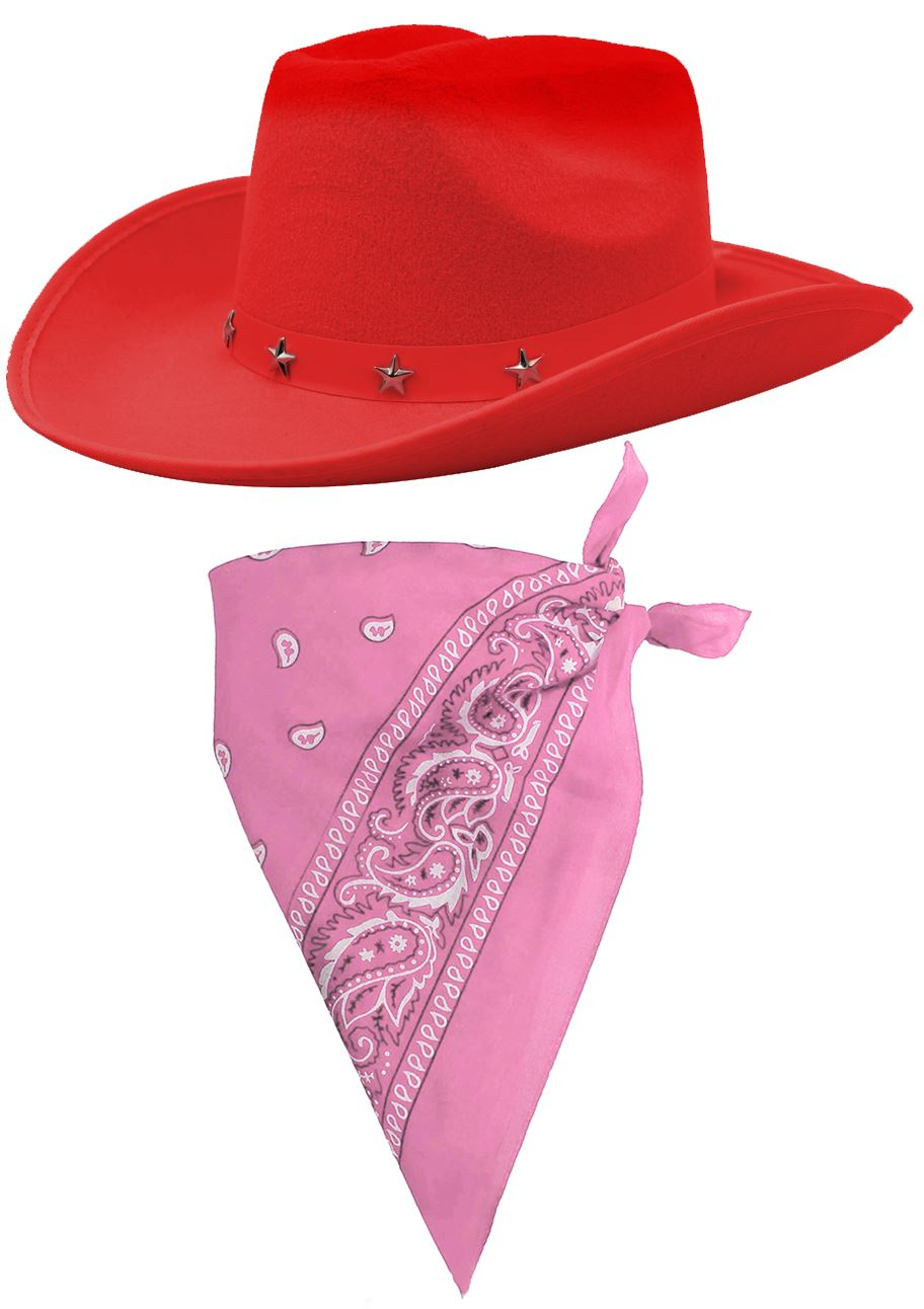 Red Star Studded Cowboy Hat & Paisley Pink Bandana