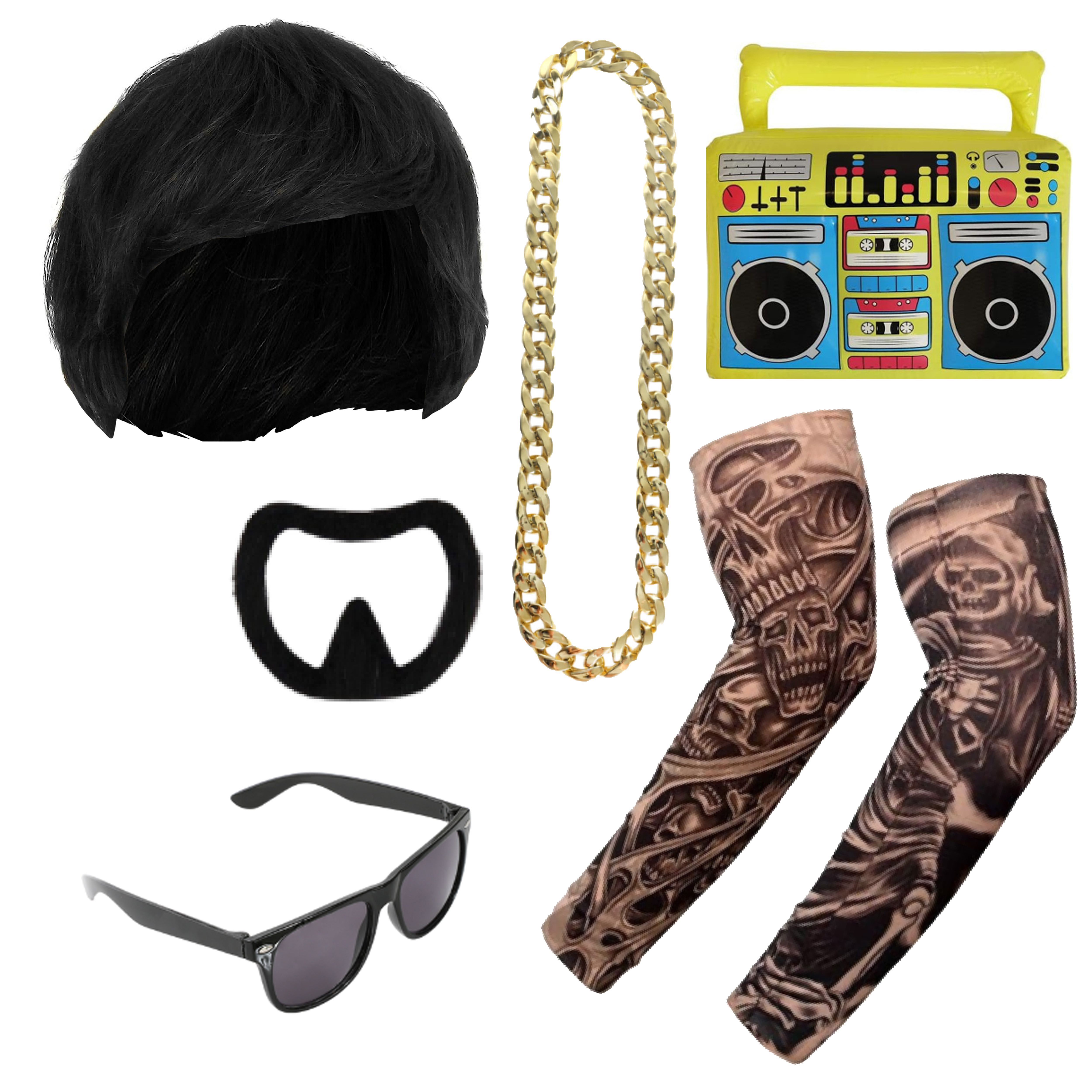 Ibiza Final Boss Costume Accessory Set | 6 Pcs | Wig, Chain, Black Sunglasses, Goatee, Tattoo Sleeves & Inflatable Boom Box