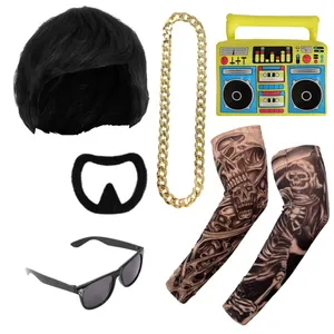 Ibiza Final Boss Costume Accessory Set | 6 Pcs | Wig, Chain, Black Sunglasses, Goatee, Tattoo Sleeves & Inflatable Boom Box