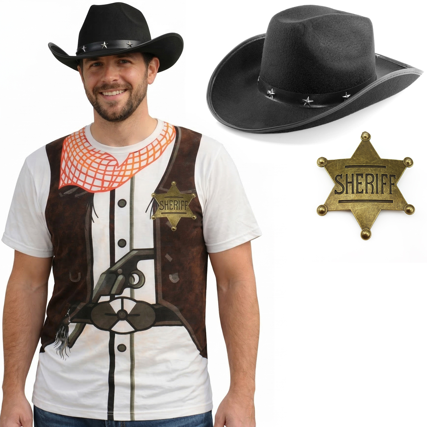 Adults Cowboy Costume | 3 Pcs | T-Shirt, Black Cowboy Hat & Gold Badge