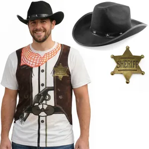 Adults Cowboy Costume | 3 Pcs | T-Shirt, Black Cowboy Hat & Gold Badge