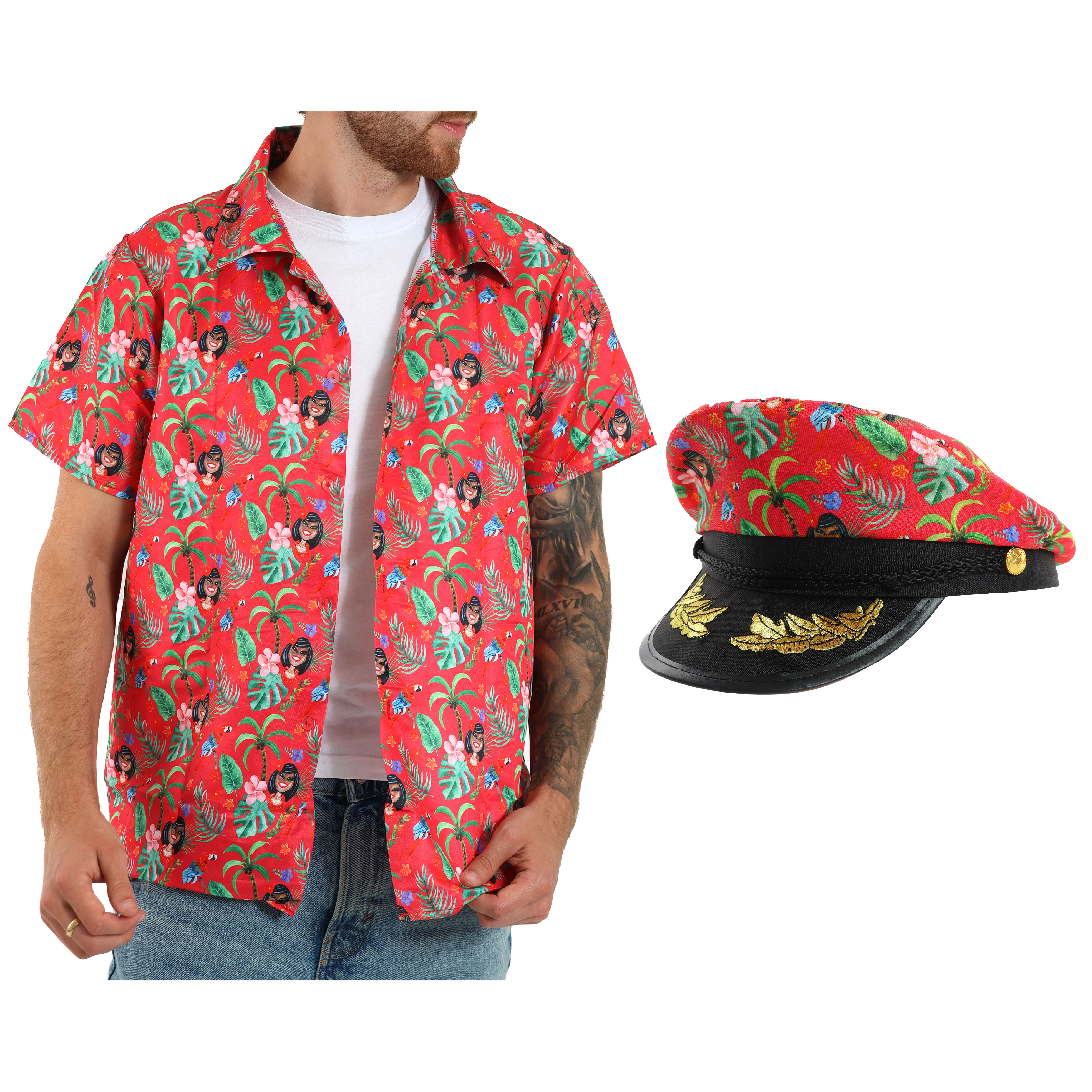Unisex Hawaiian Shirt and Matching Sailor Hat - Red