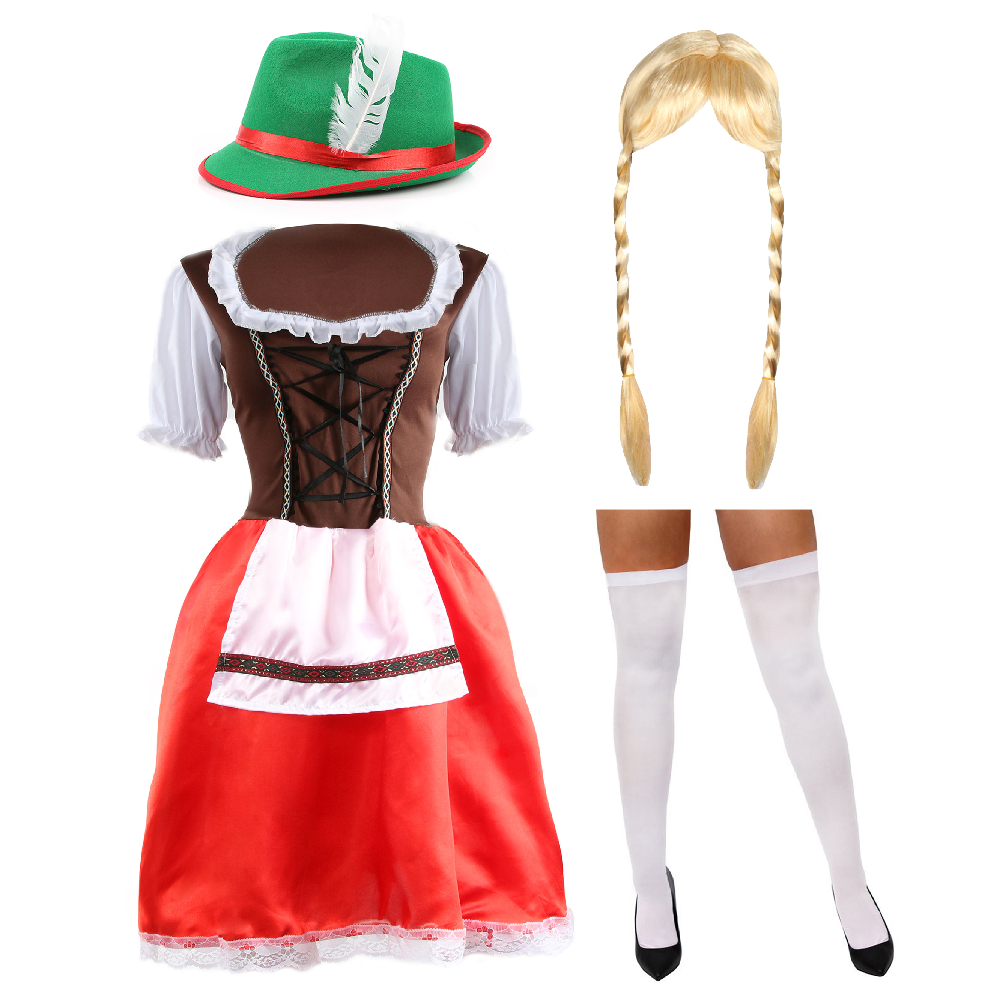Ladies Red & Brown Bavarian Dress with Stockings, Plait Wig  & Green Hat