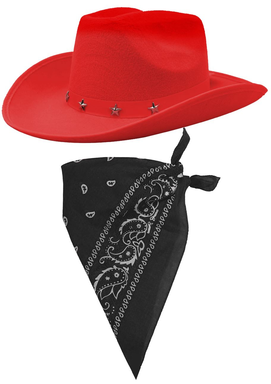 Red Star Studded Cowboy Hat & Paisley Black Bandana