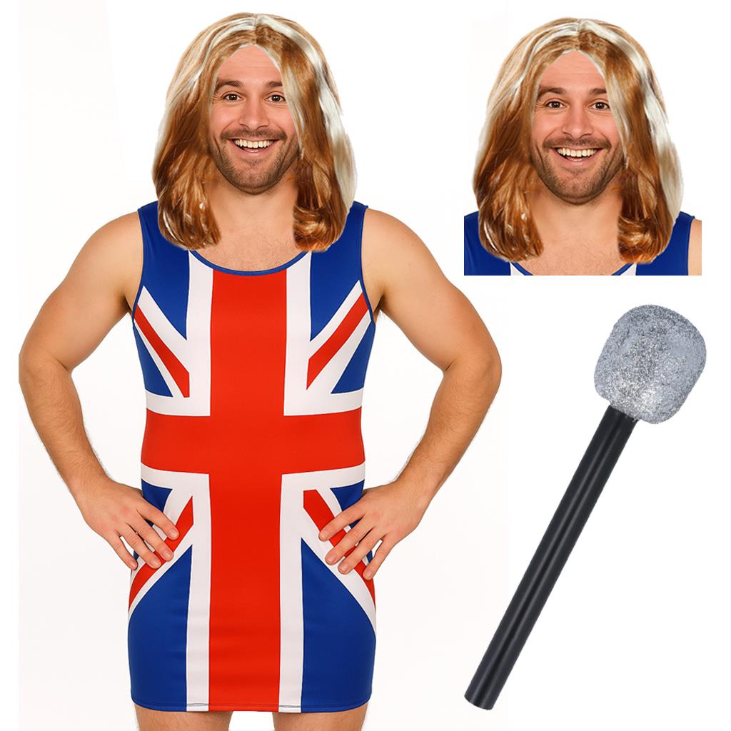 Men's Union Jack Dress Stag Do Costume | 3 Pcs | Dress, Wig & Mic