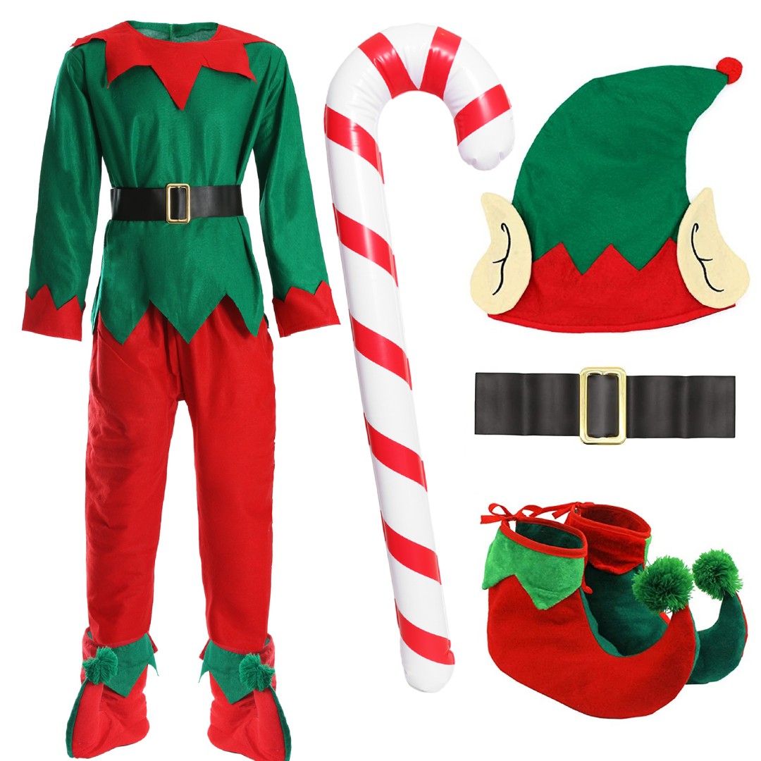 Adults 5 Piece Elf Costume with Candy Cane