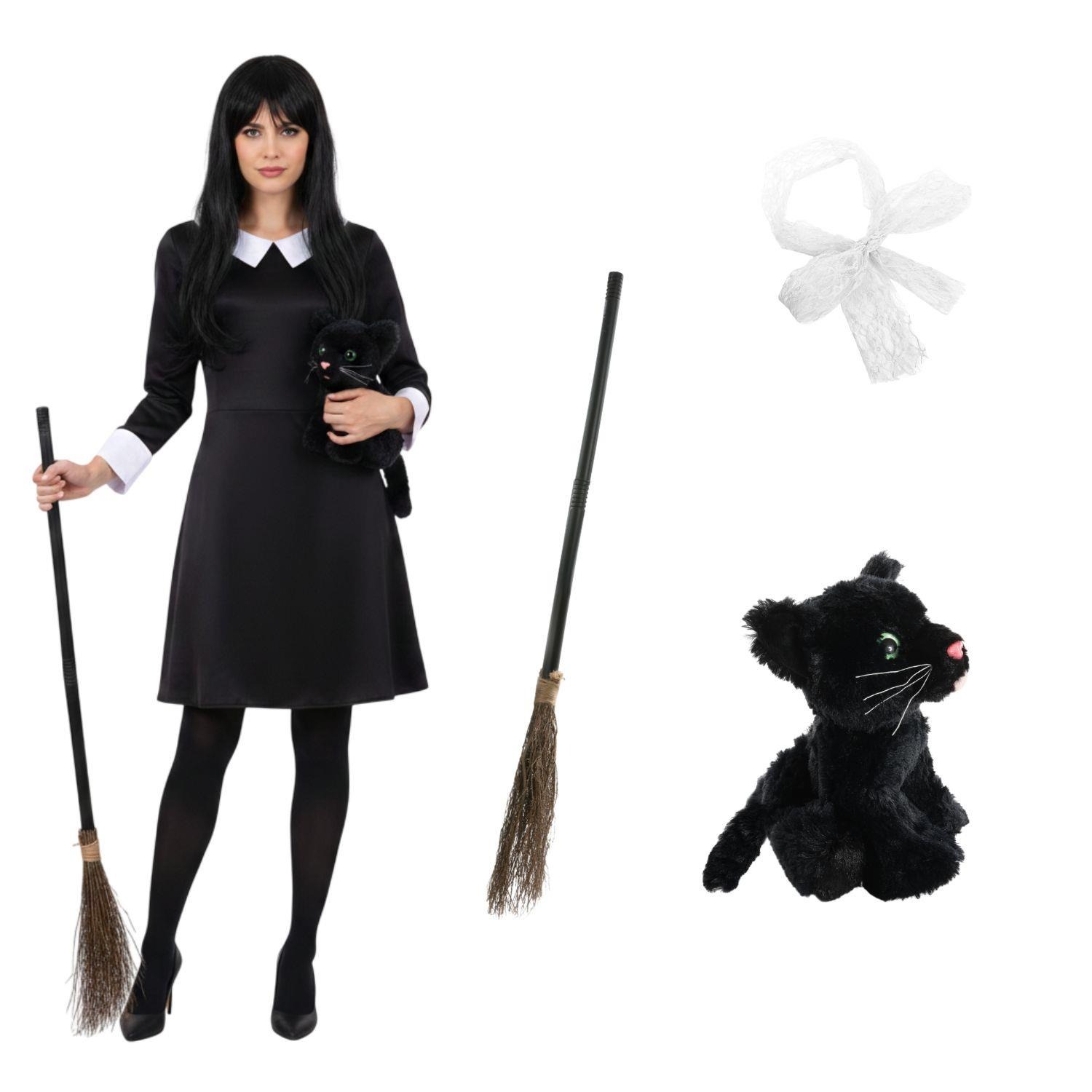 Ladies Hooky Witch Costume | 4 Pcs | Collared Dress, Broom, Cat Toy & Hair Bow