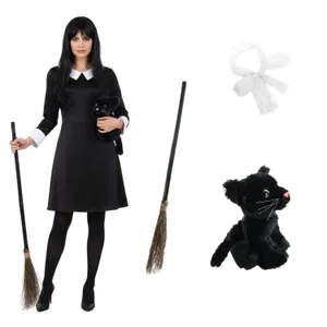 Ladies Hooky Witch Costume | 4 Pcs | Collared Dress, Broom, Cat Toy & Hair Bow