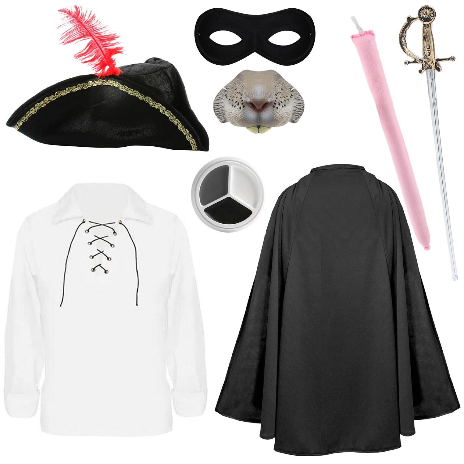 Childs Highway Rodent Costume | 8 Pcs | Shirt, Cape, Feather Tricorn Hat, Nose, Mask, Sword, Face Paint & Tail