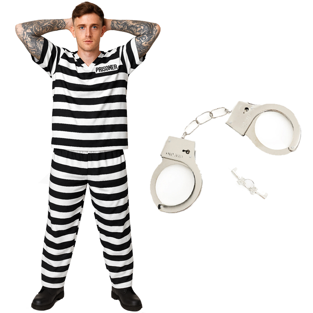Adults Striped Prisoner Costume | 2 Pcs | Costume & Handcuffs