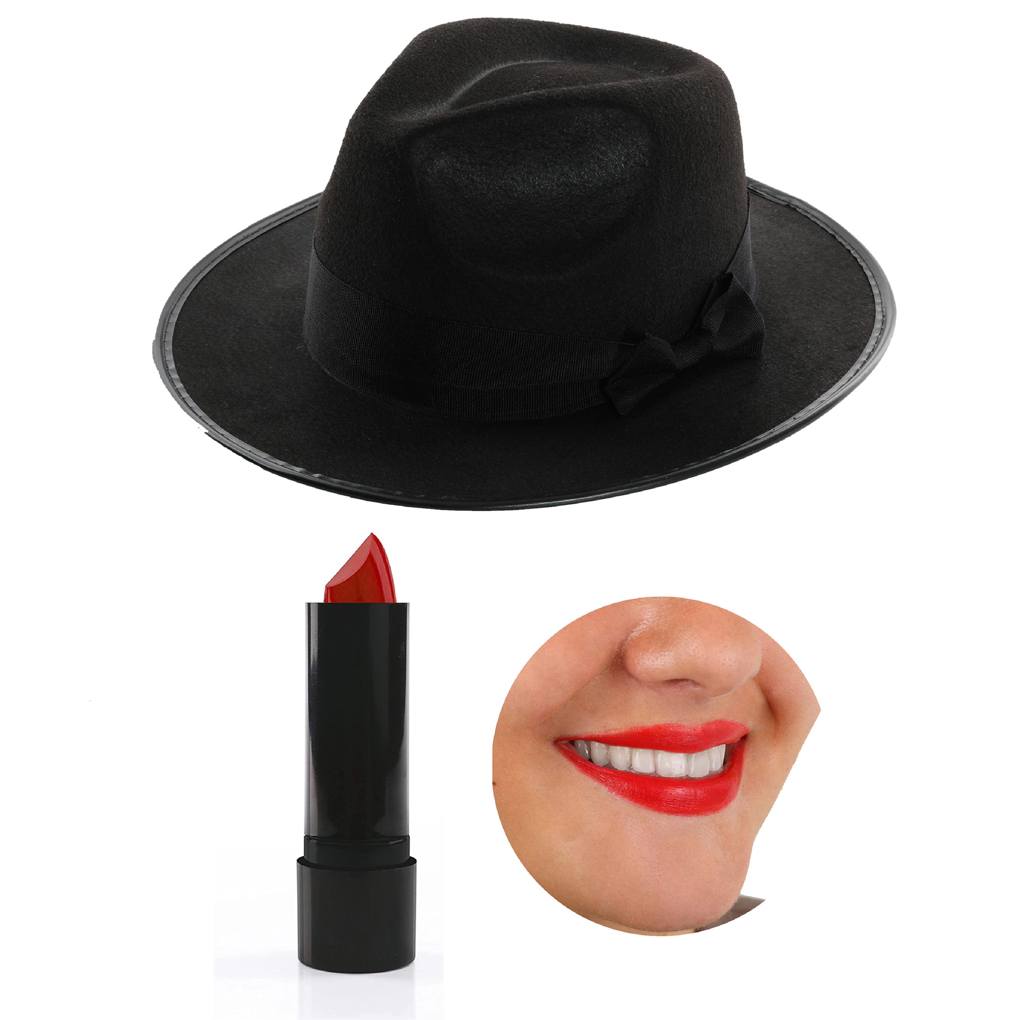 Black Fedora Hat & Red Lipstick Set
