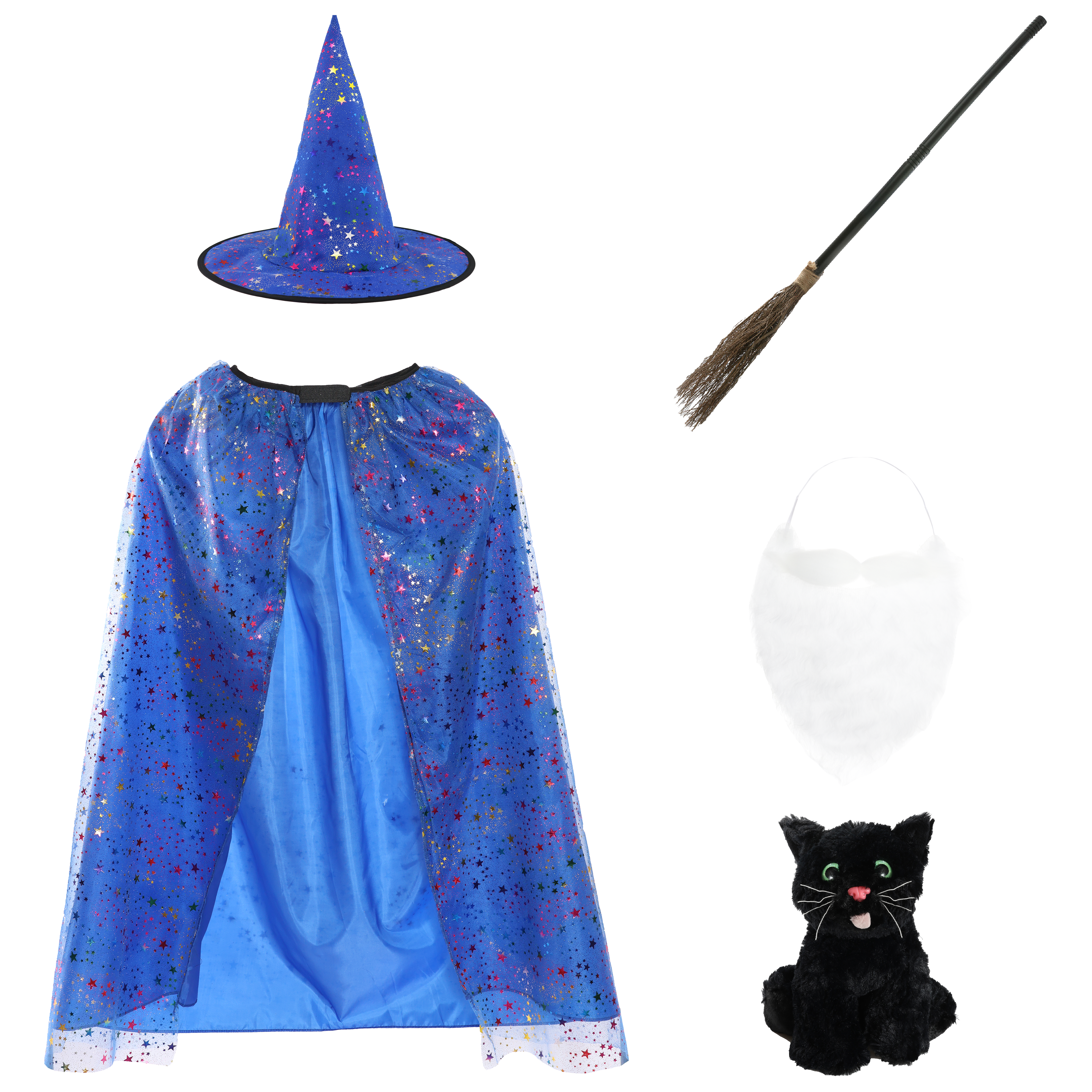 Girls Blue Witch Costume Set - Black Cat, Beard & Broom