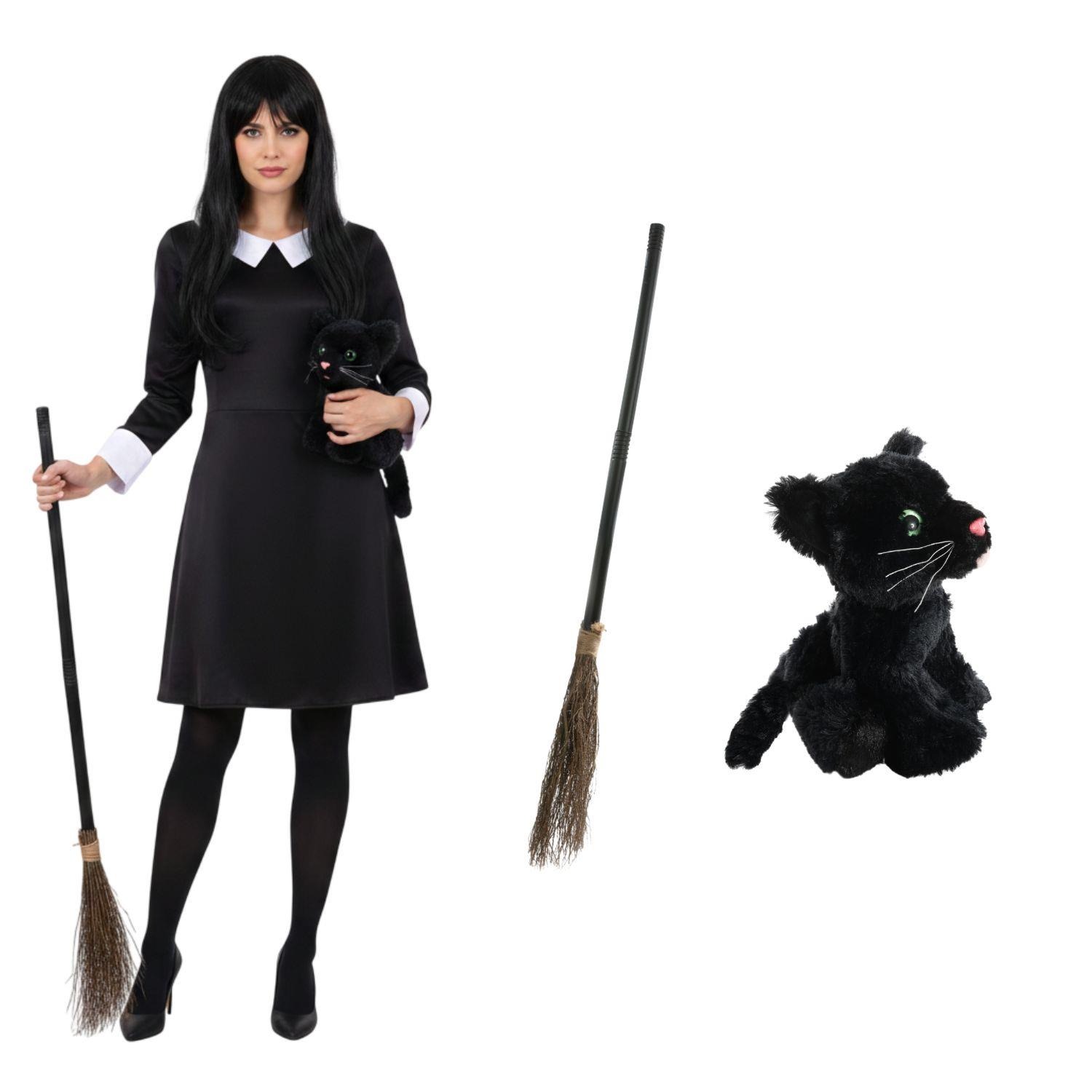 Ladies Hooky Witch Costume | 3 Pcs | Collared Dress, Broom & Cat Toy