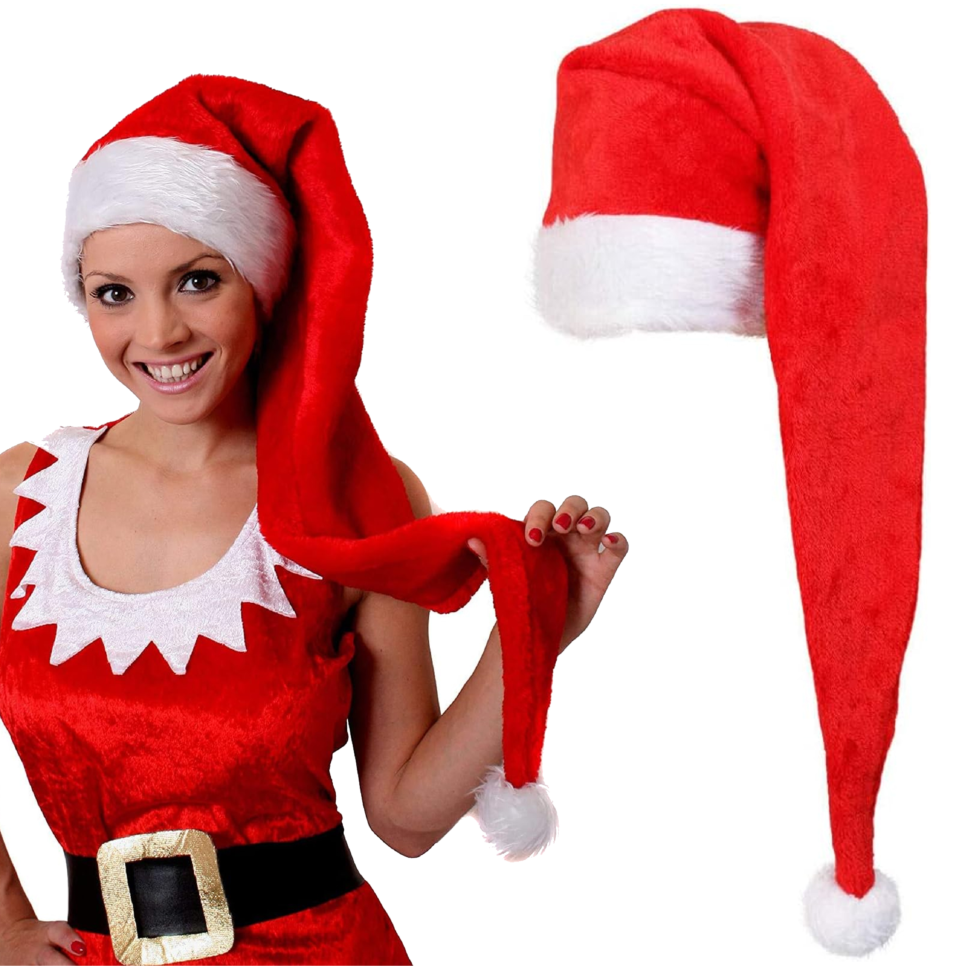 Long Red Santa Hat with Bobble and White Faux Fur