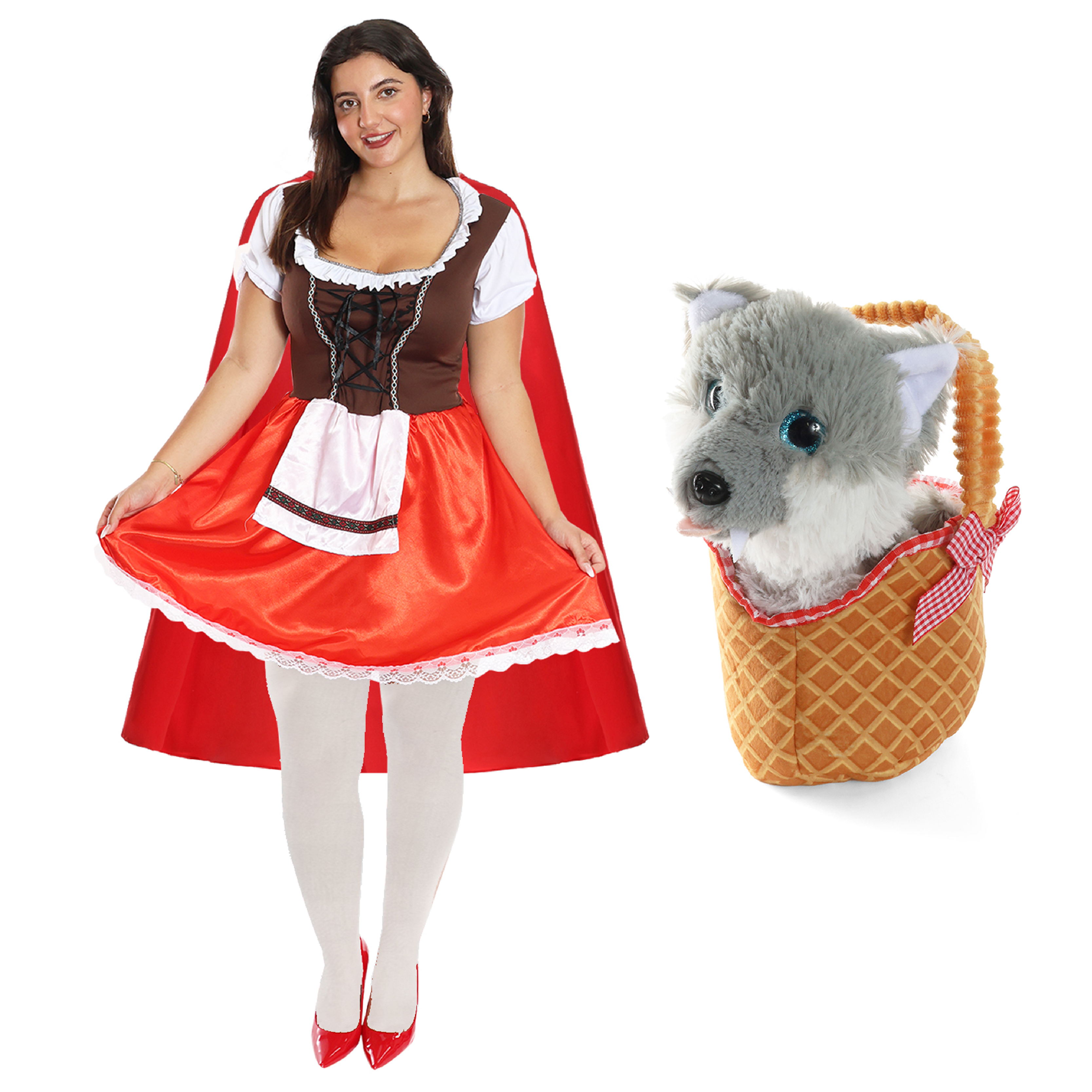 Women's Red Riding Hood Costume - Dress, Cape, Tights & Soft Wolf in Basket