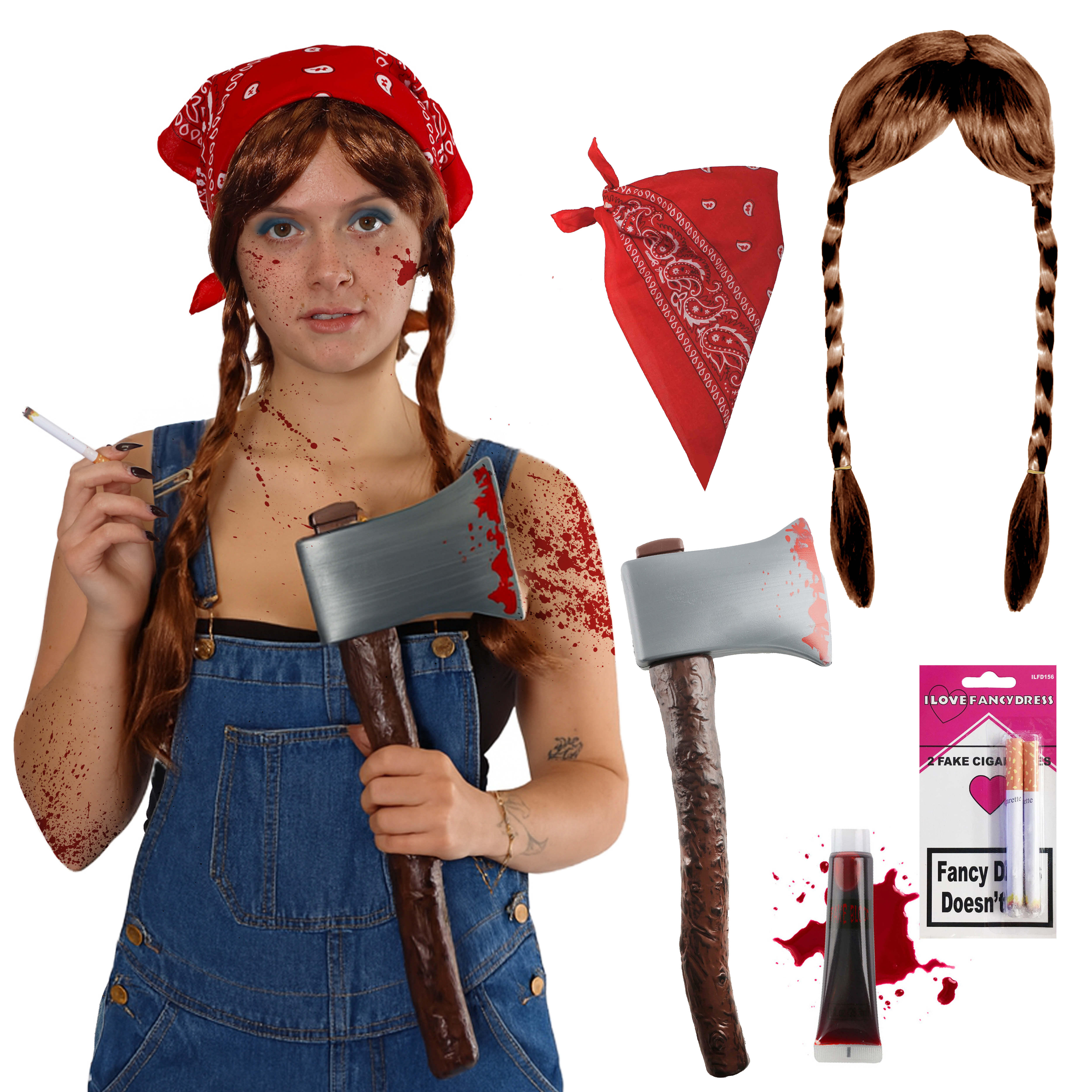 Adults 70's Horror Farm Girl Costume | 5 Pcs | Bandana, Plaited Wig, Bloody Axe, Fake Blood & Fake Cigarettes