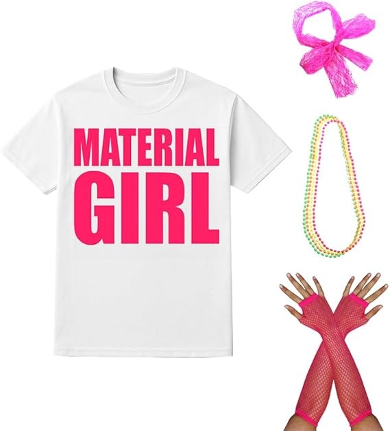 Ladies Material Girl Costume – Printed T-shirt, Lace Hair Bow, Pink Fishnet Gloves & Neon Beads