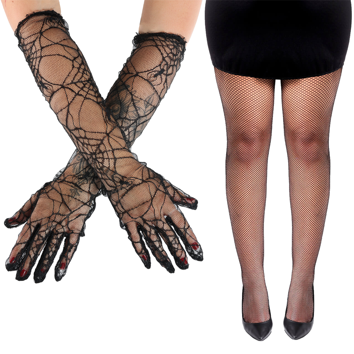 Ladies Spider Web Gloves & Tights Set | 2 Pcs | Halloween Accessory Bundle