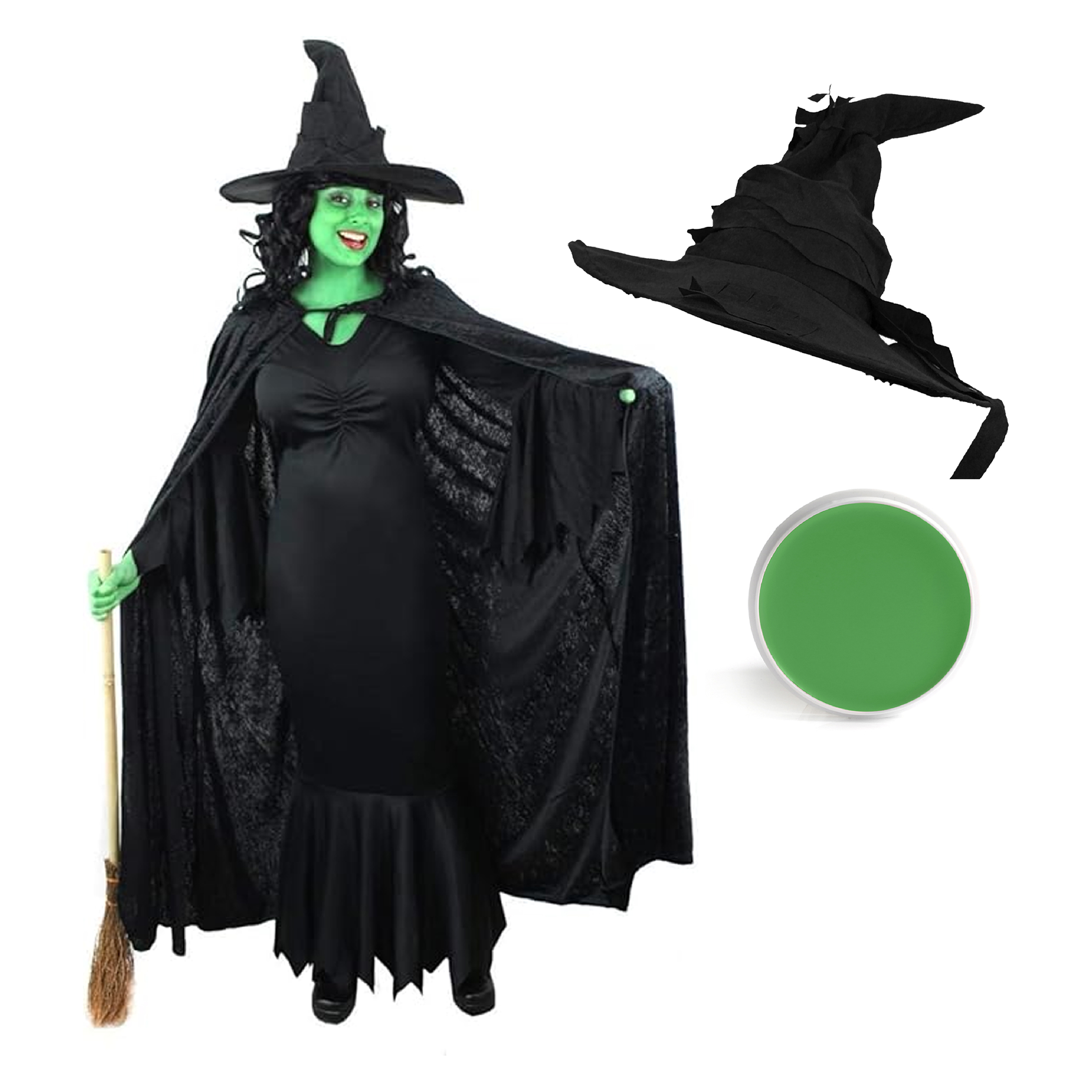 Wicked Witch Halloween Costume - Cape, Dress, Hat & Face Paint