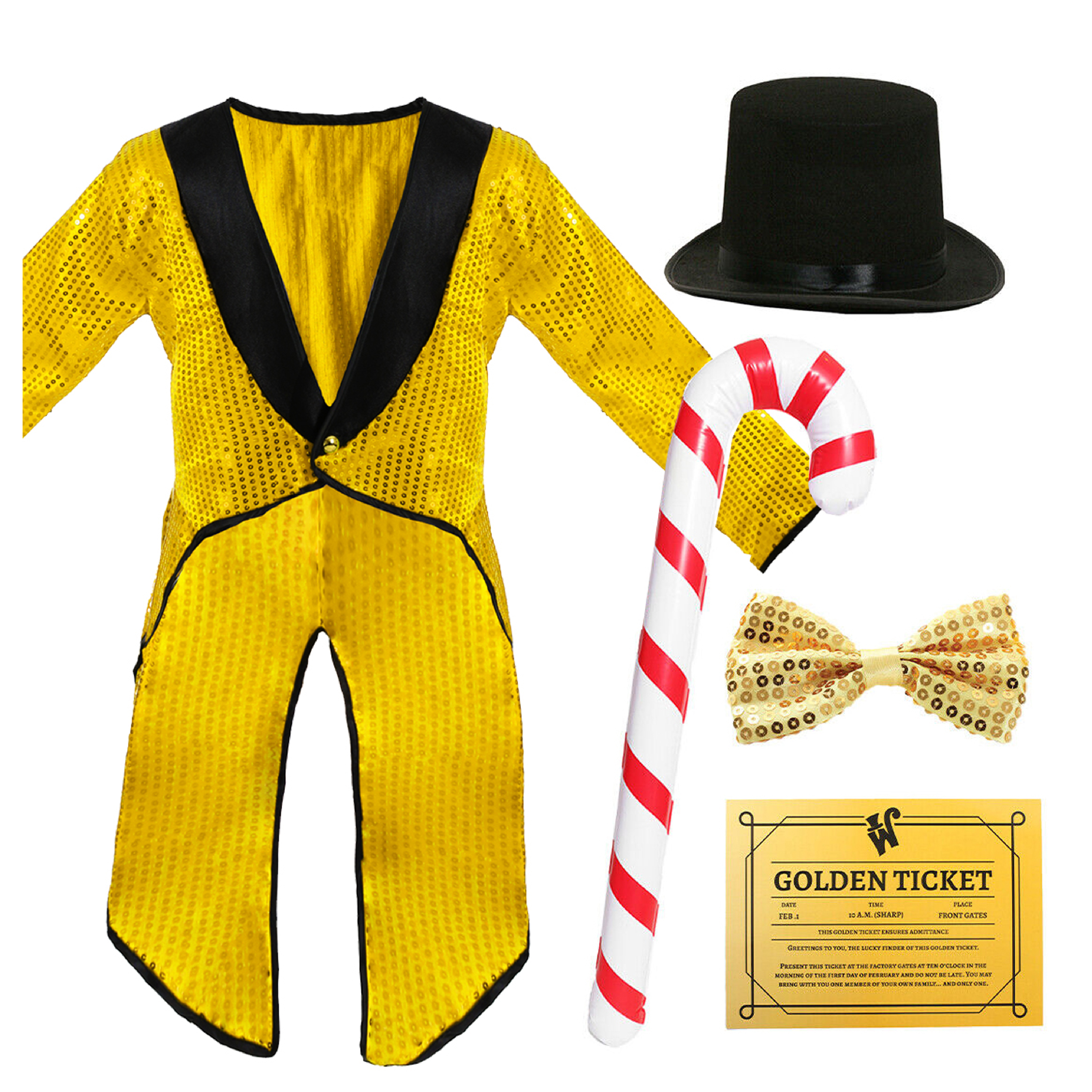 Childs Chocolate Factory Boss Costumes - Gold Tailcoat, Tie, Hat, Cane & Ticket