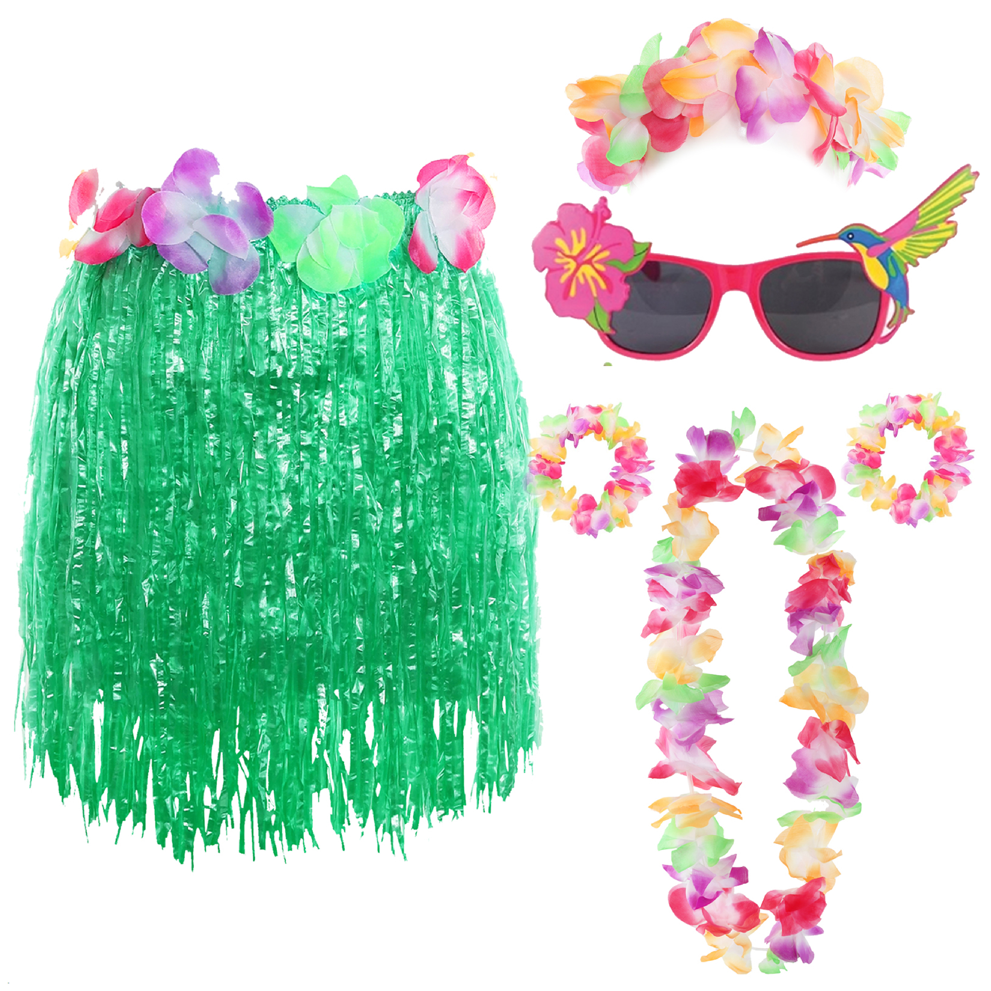 Green Hula Skirt with Flower Lei & Glasses Set