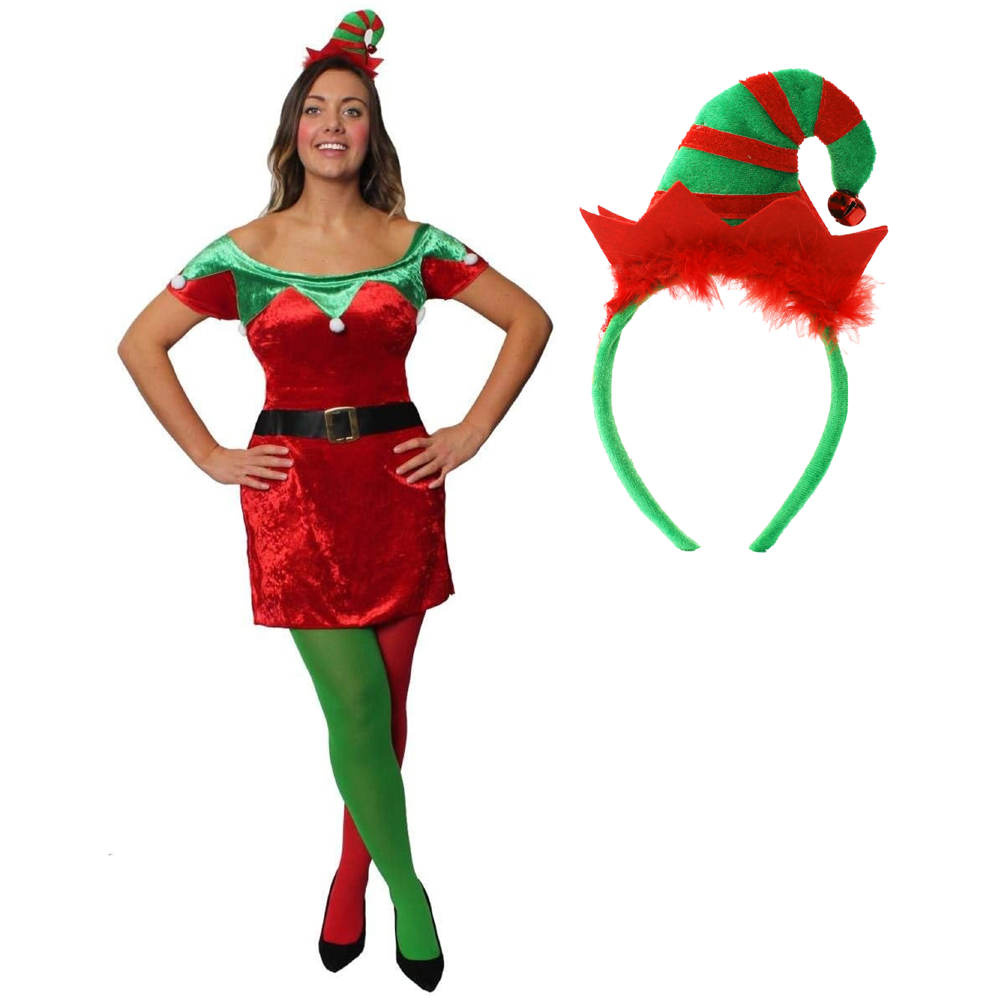 Ladies off the Shoulder Velour Elf Dress with Tights & Headband