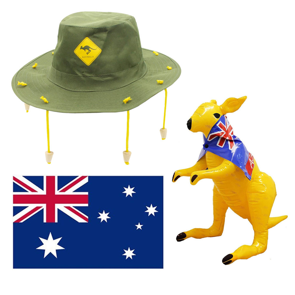 Australian Kangaroo Cork Hat, Large Australian Flag and Inflatable Kangaroo Set