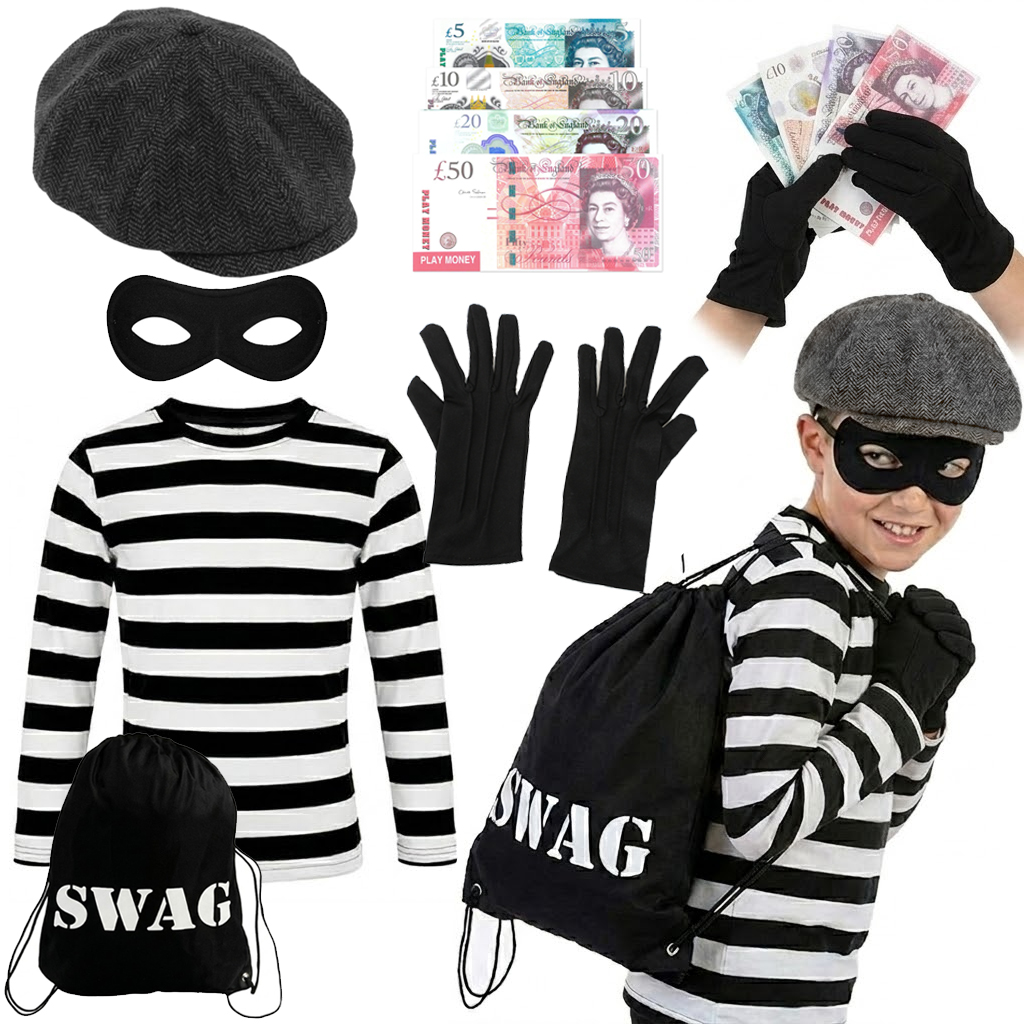 Child's Storybook Burglar Costume | 6 Pcs | Long Sleeve Top, Cap, Eye Mask, Swag Bag, Gloves & Fake Money