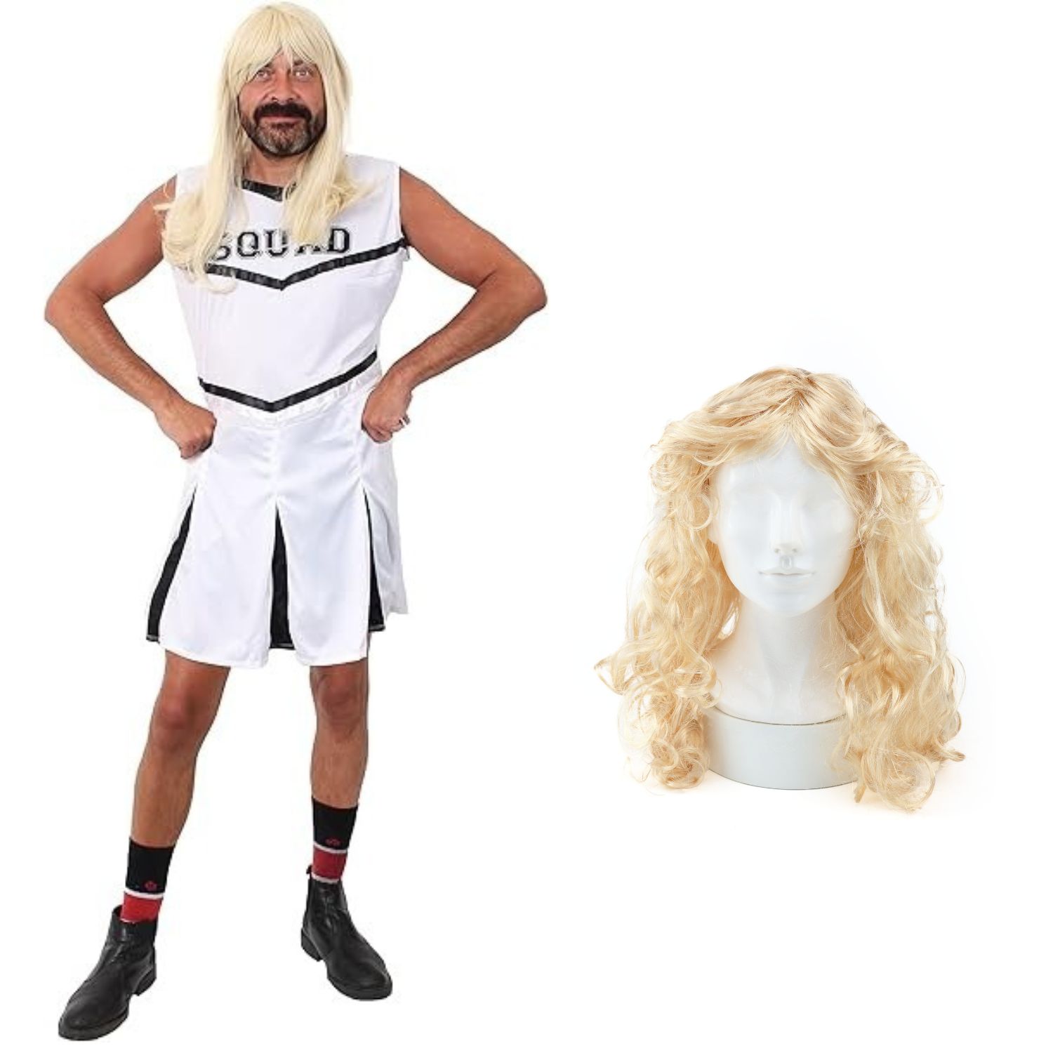 Mens White Cheerleader Stag Do Costume with Wig