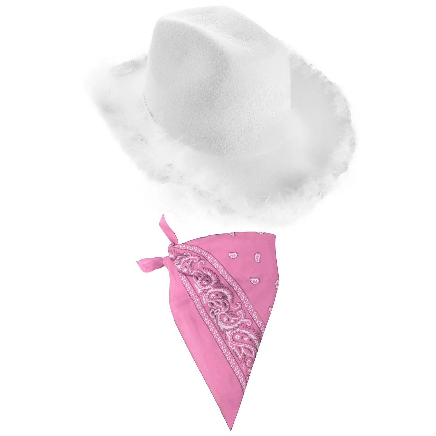 White Cowboy Hat with Marabou Trim & Paisley Pink Bandana