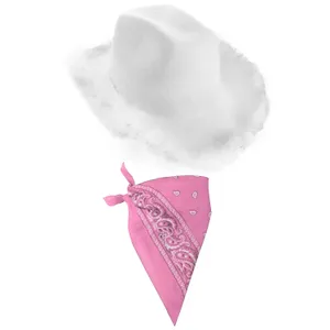White Cowboy Hat with Marabou Trim & Paisley Pink Bandana