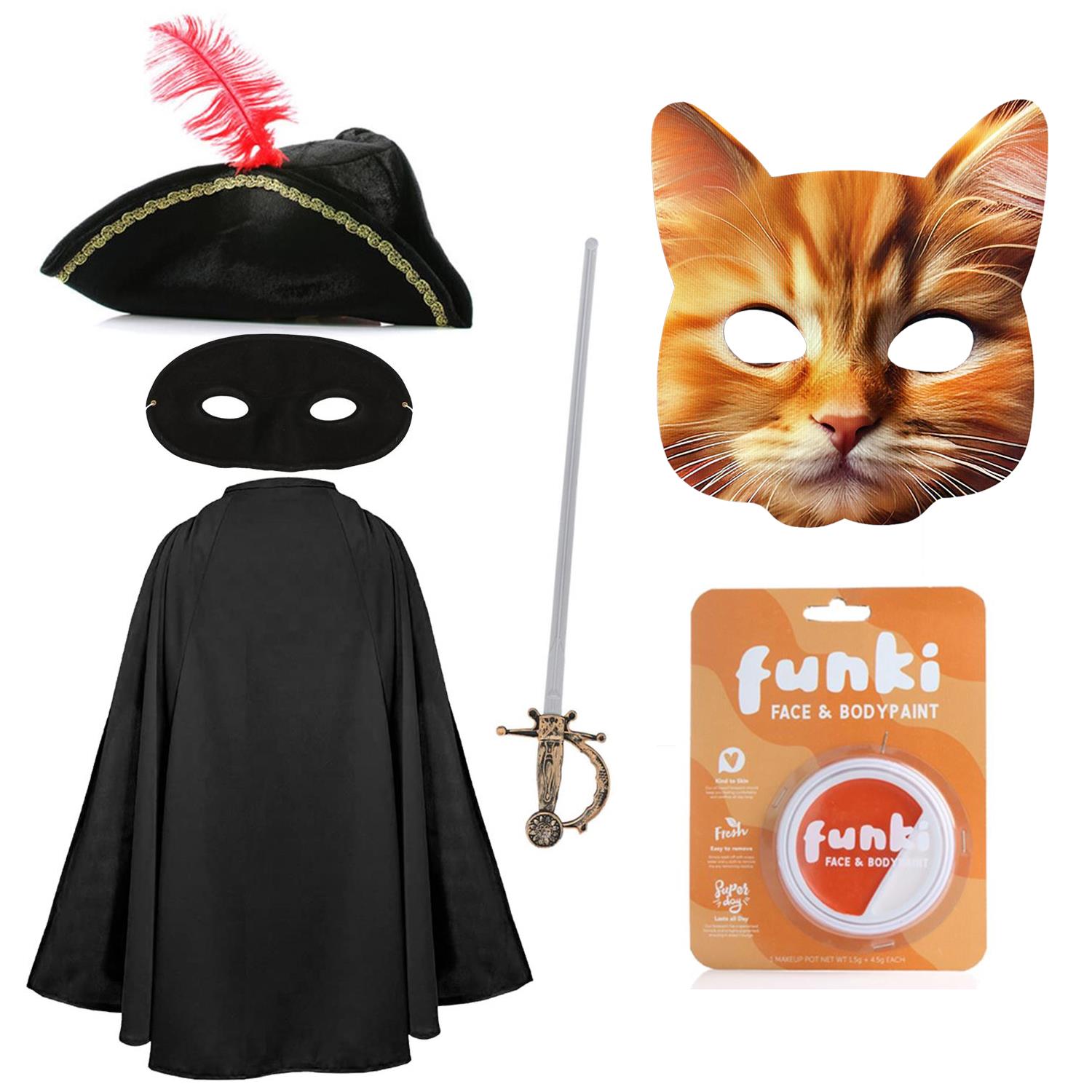 Child's Cat Bandit Costume | 6 Pcs | Cape, Hat, Black Mask, Cat Mask, Sword, Orange & White Face Paint