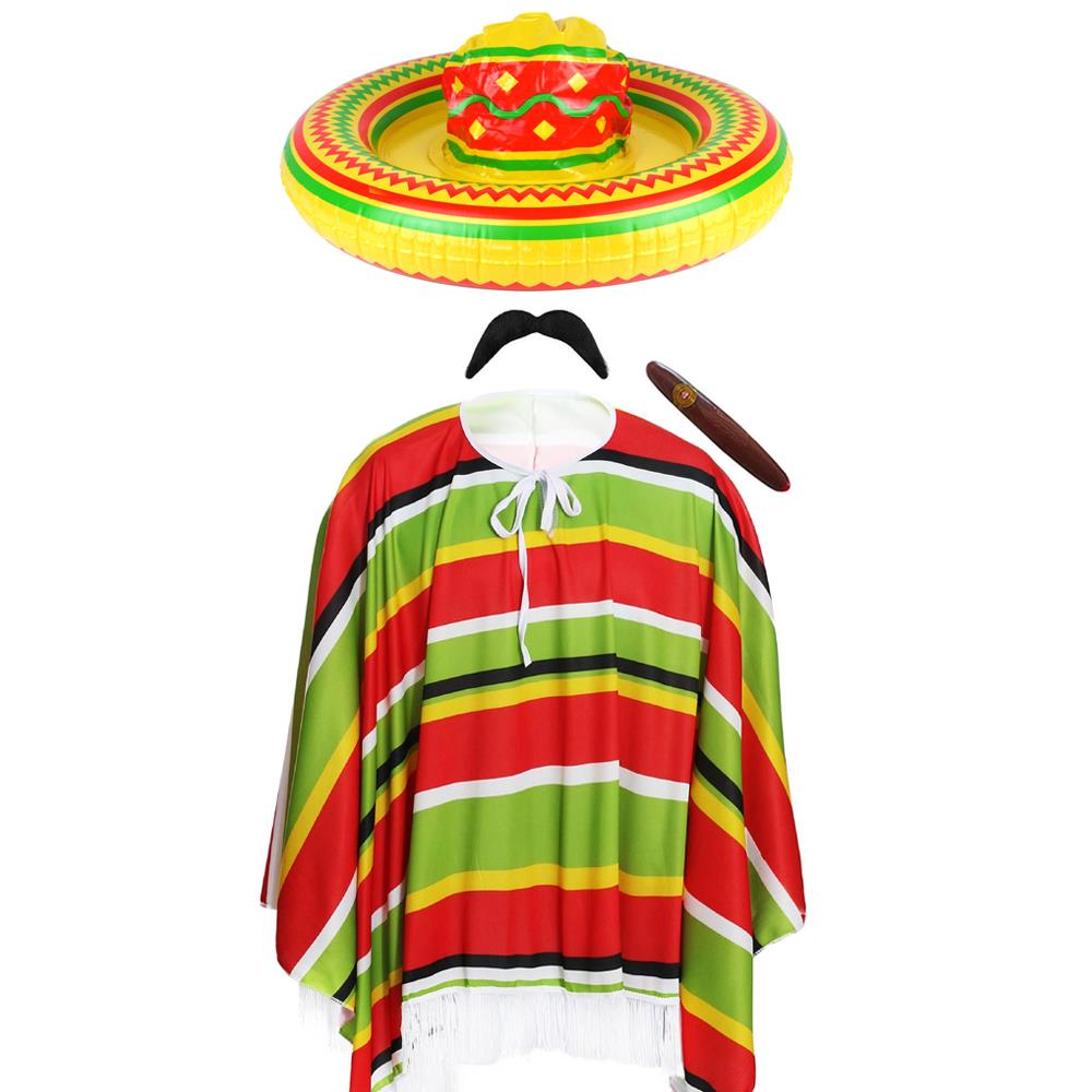 Adults Mexican Costume | 4 Pcs | Inflatable Sombrero, Moustache, Cigar & Multi-Coloured Poncho