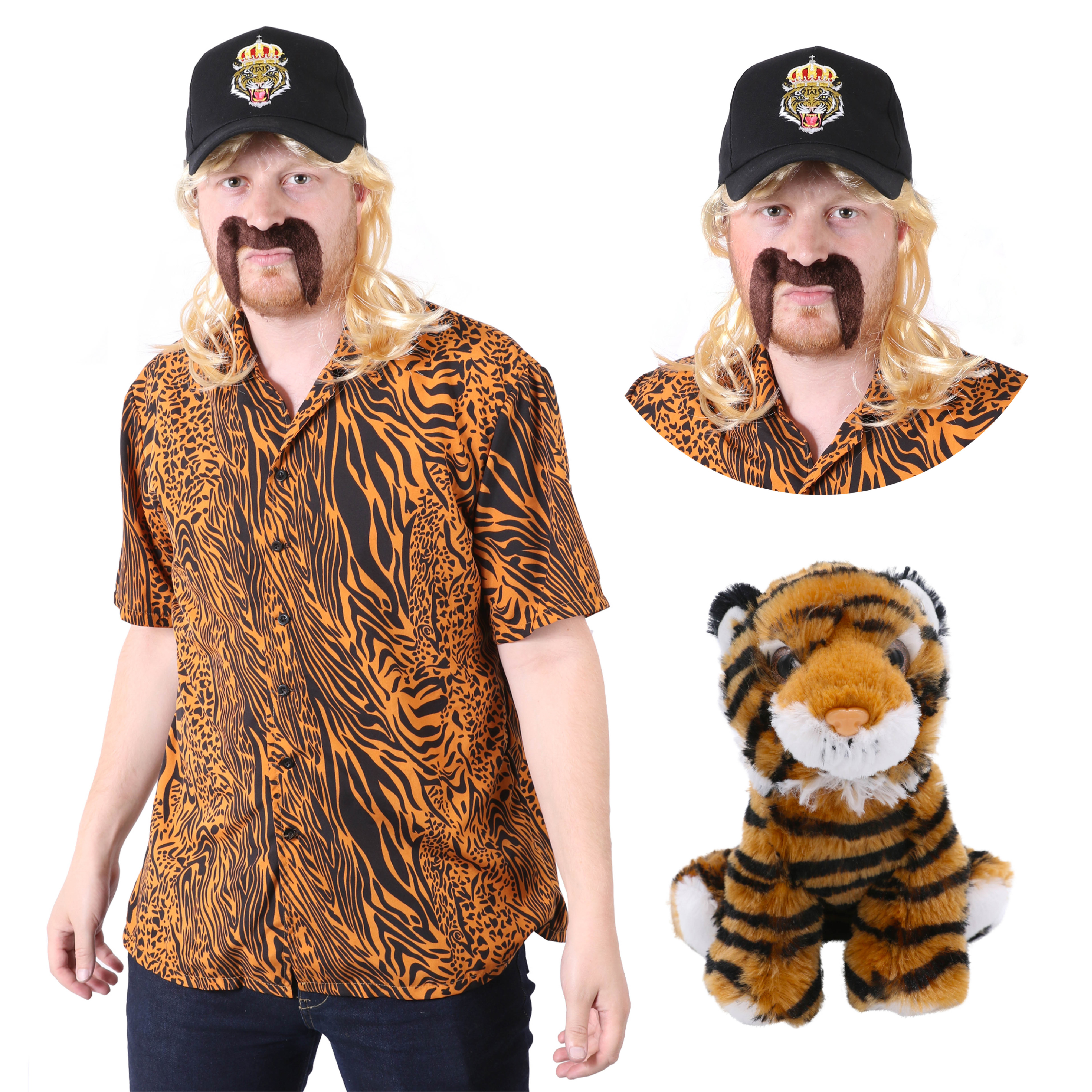 Tiger King Costume - Shirt, Wig, Tash, Hat & Tiger