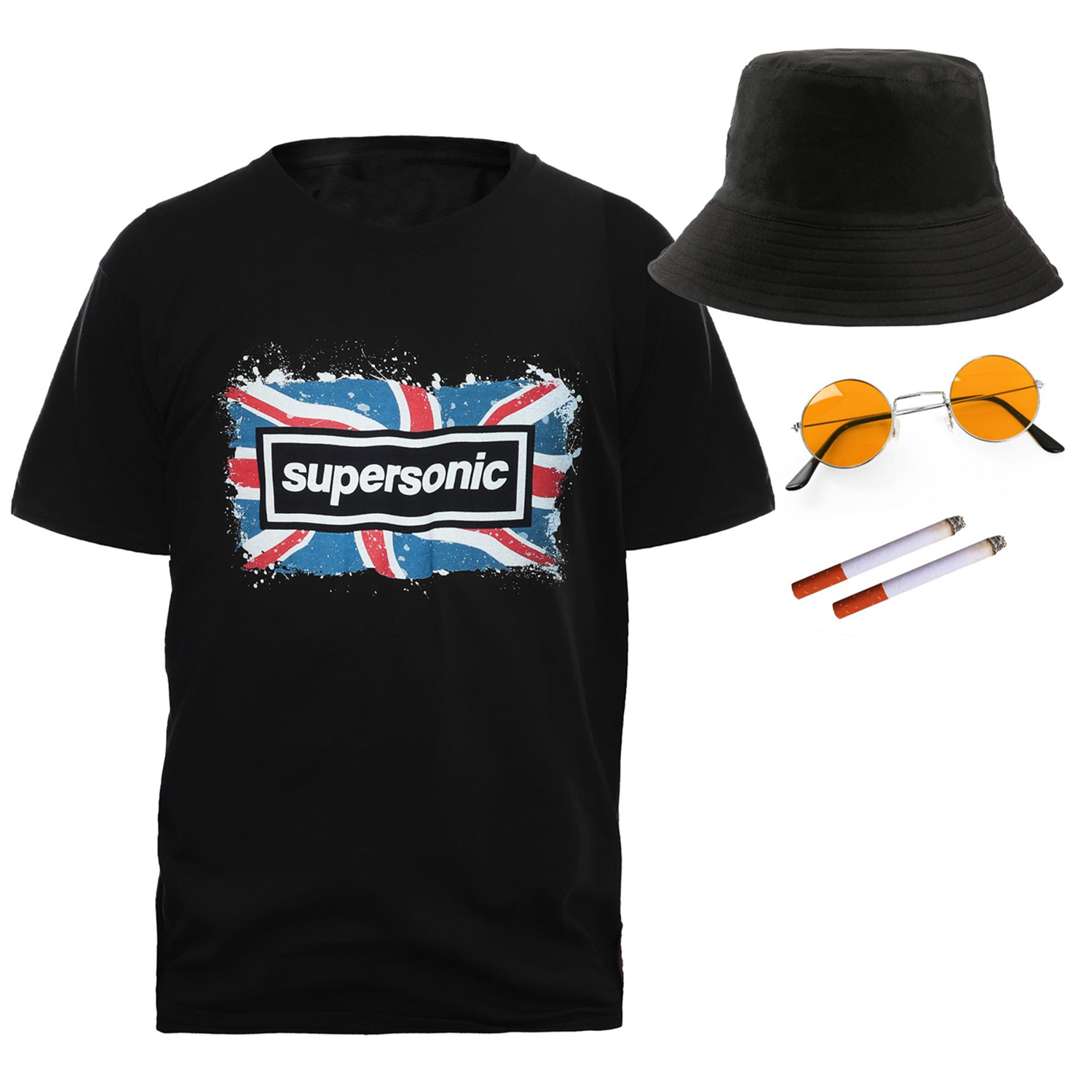 Adults Britpop Cosplay Costume - Super Sonic Tee, Glasses, Fake Cigarettes & Bucket Hat