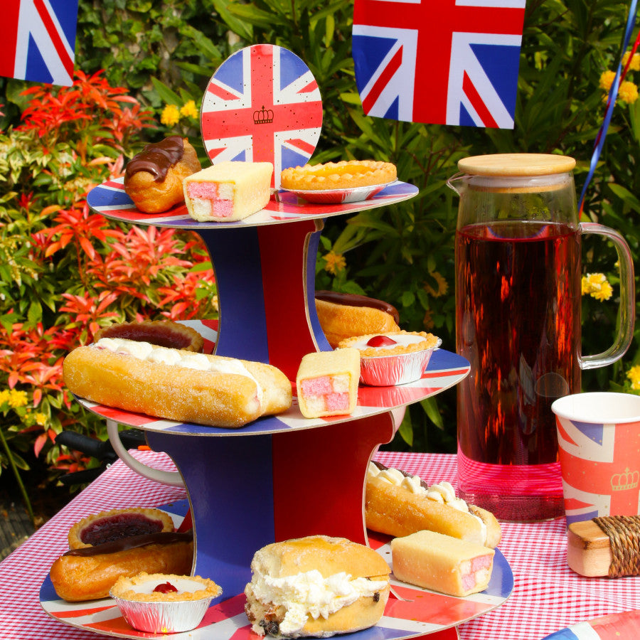 Union Jack 3 Tier Cake Stand – British Flag Afternoon Tea Display with Gold Foil Crown