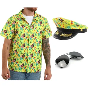 Adults Hawaiian Costume | 3 Pcs | Unisex Yellow Hawaiian Print Shirt, Sailor Hat & Sunglasses