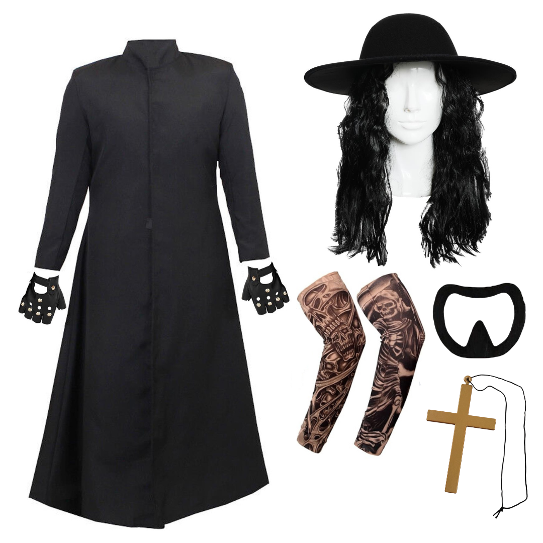 Adults 90's Wrestler Costume | 7 Pcs | Jacket, Hat, Wig, Goatee, Necklace, Tattoo Sleeves & Gloves